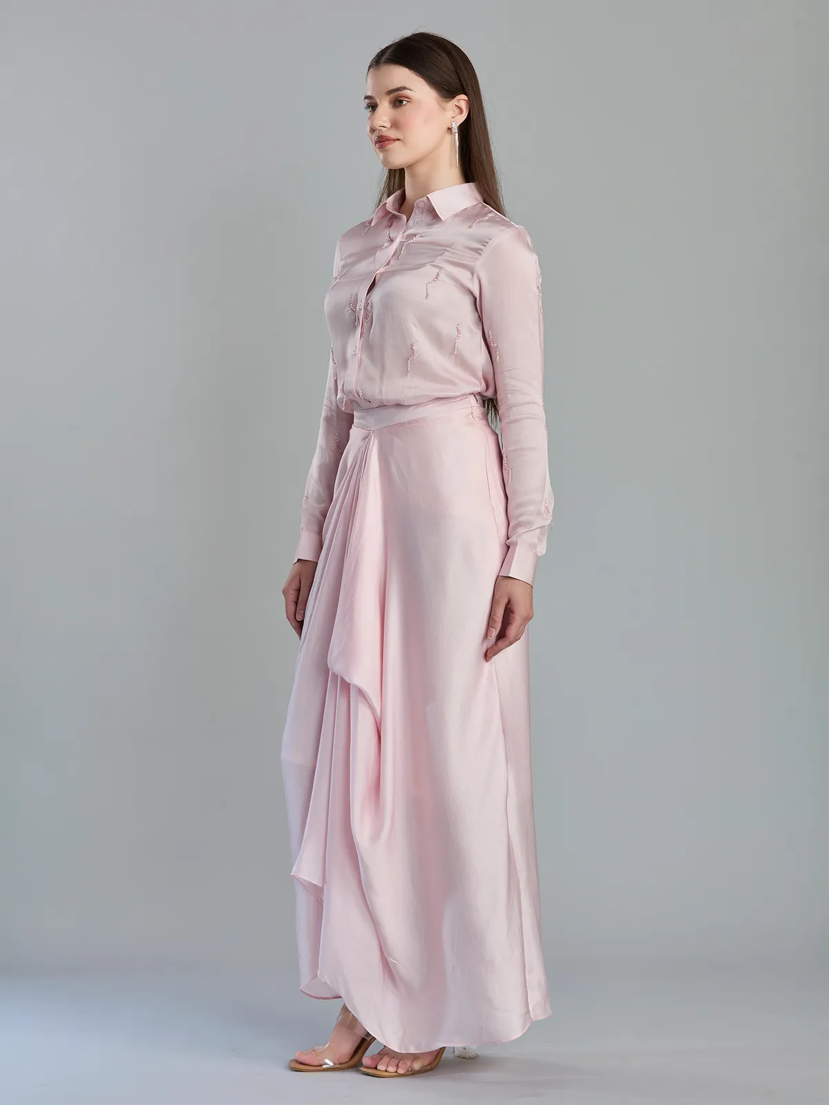 Graceful blush pink satin silk designer drape skirt set