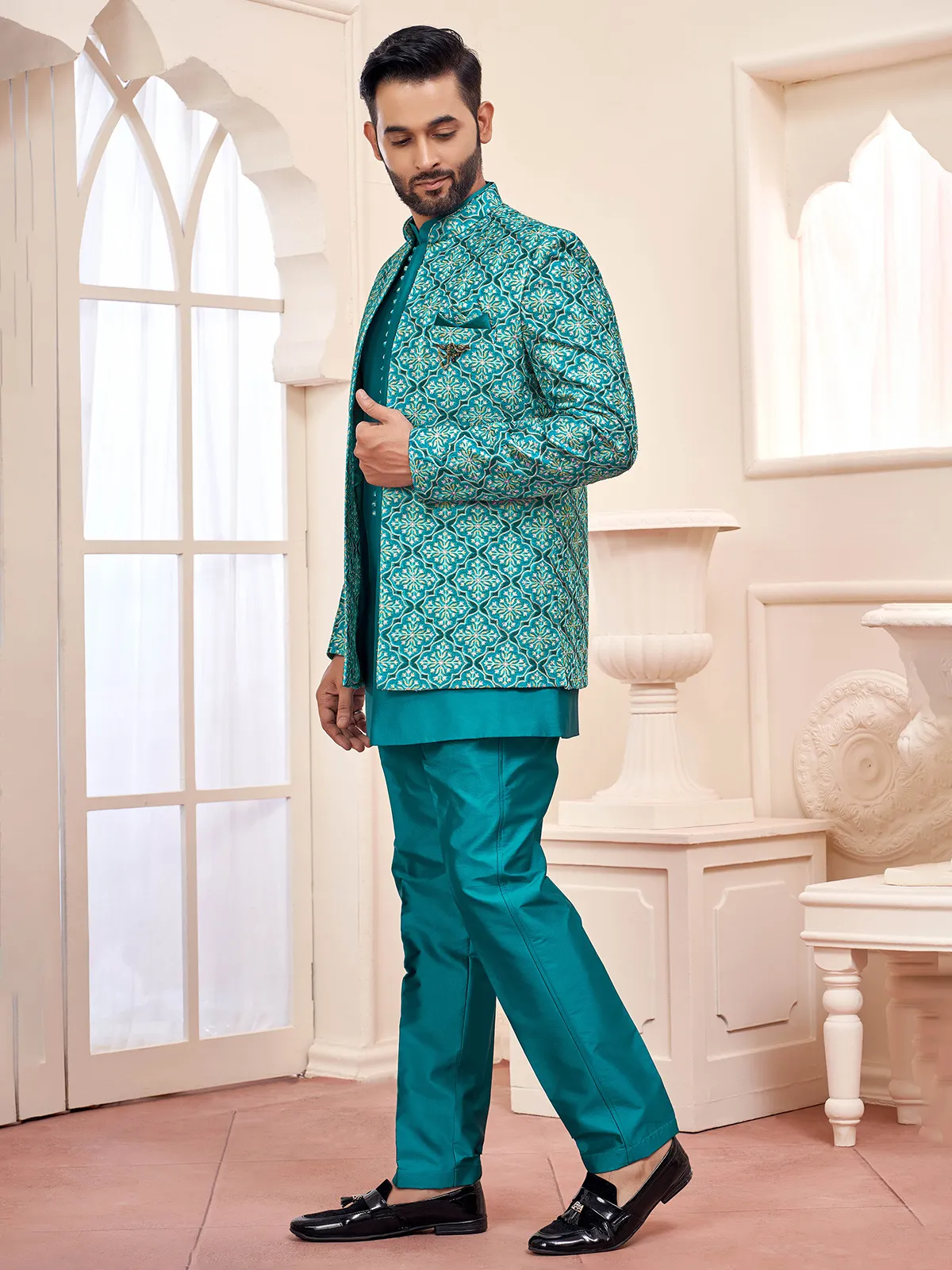 Graceful rama green indowestern for wedding splendor