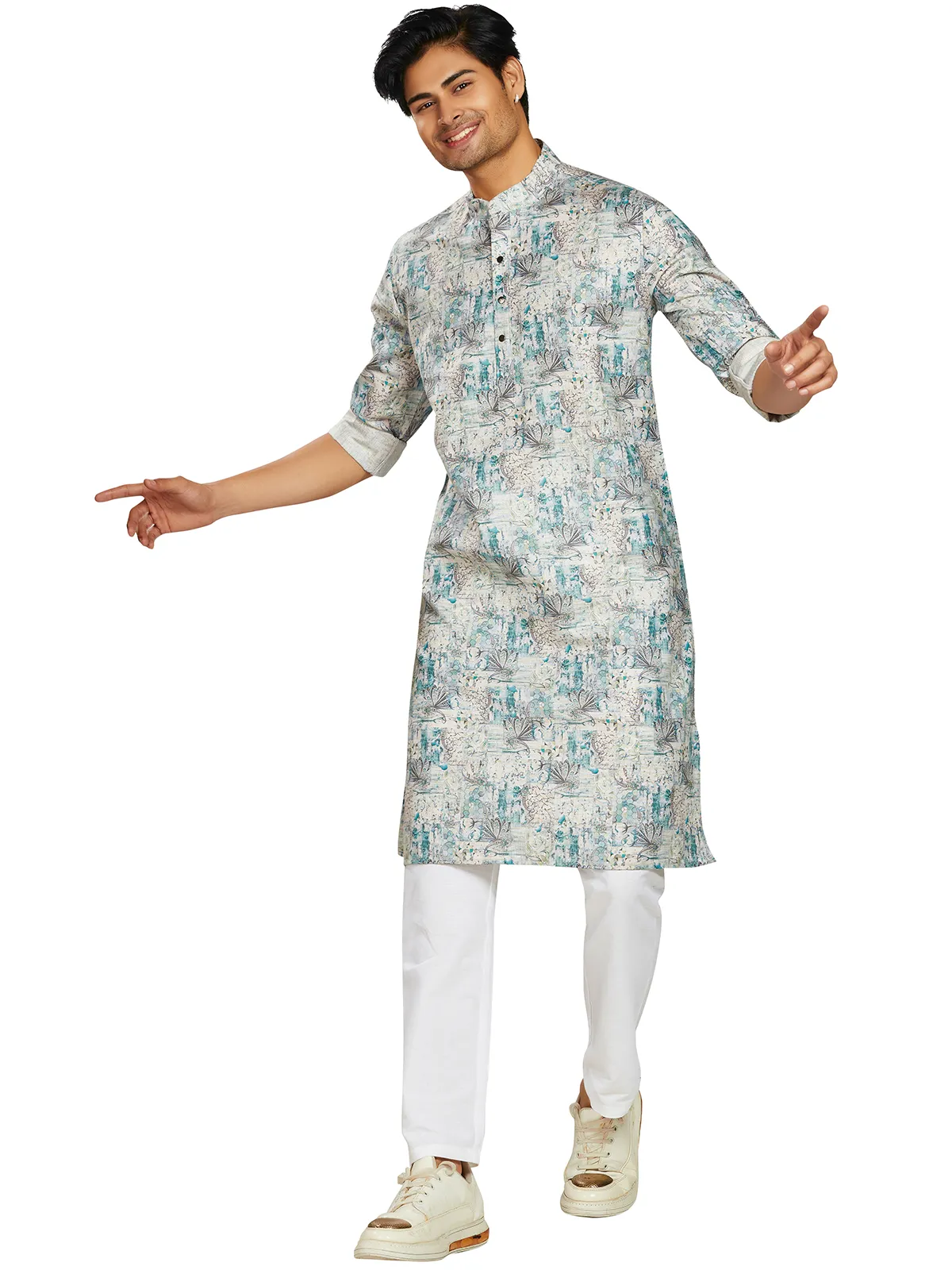 Green and off white printed kurta