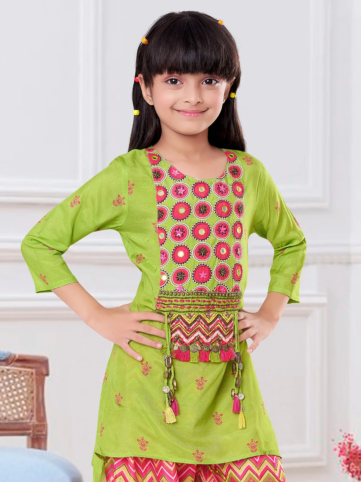 Green and pink printed salwar suit