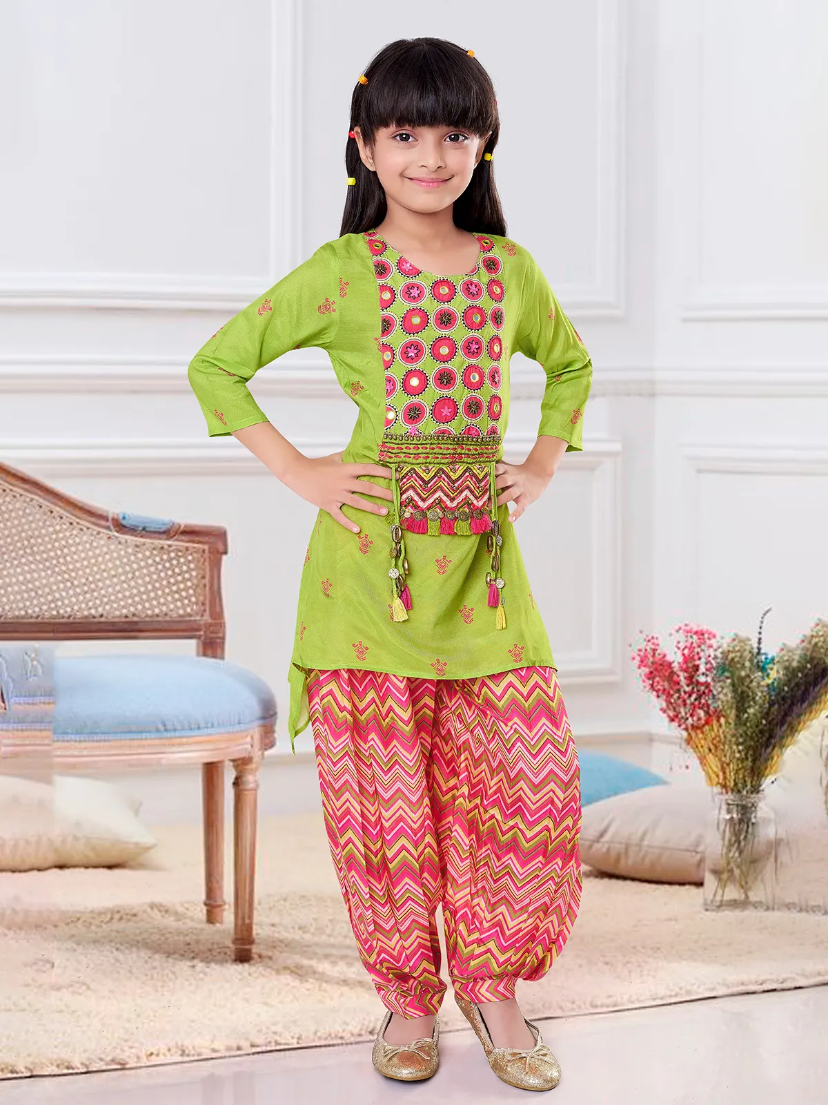 Green and pink printed salwar suit