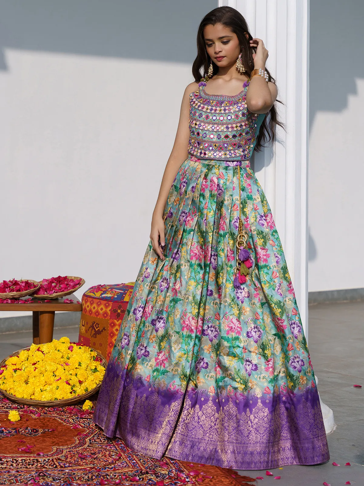 Green and purple printed silk lehenga choli