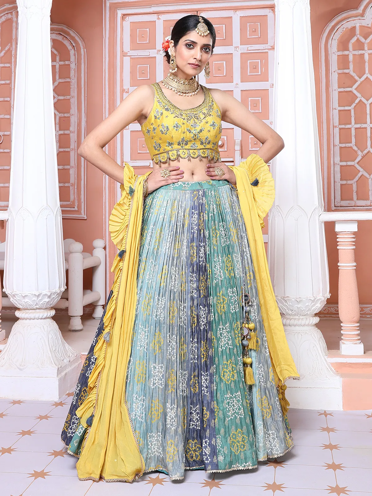 Green and yellow printed silk lehenga choli