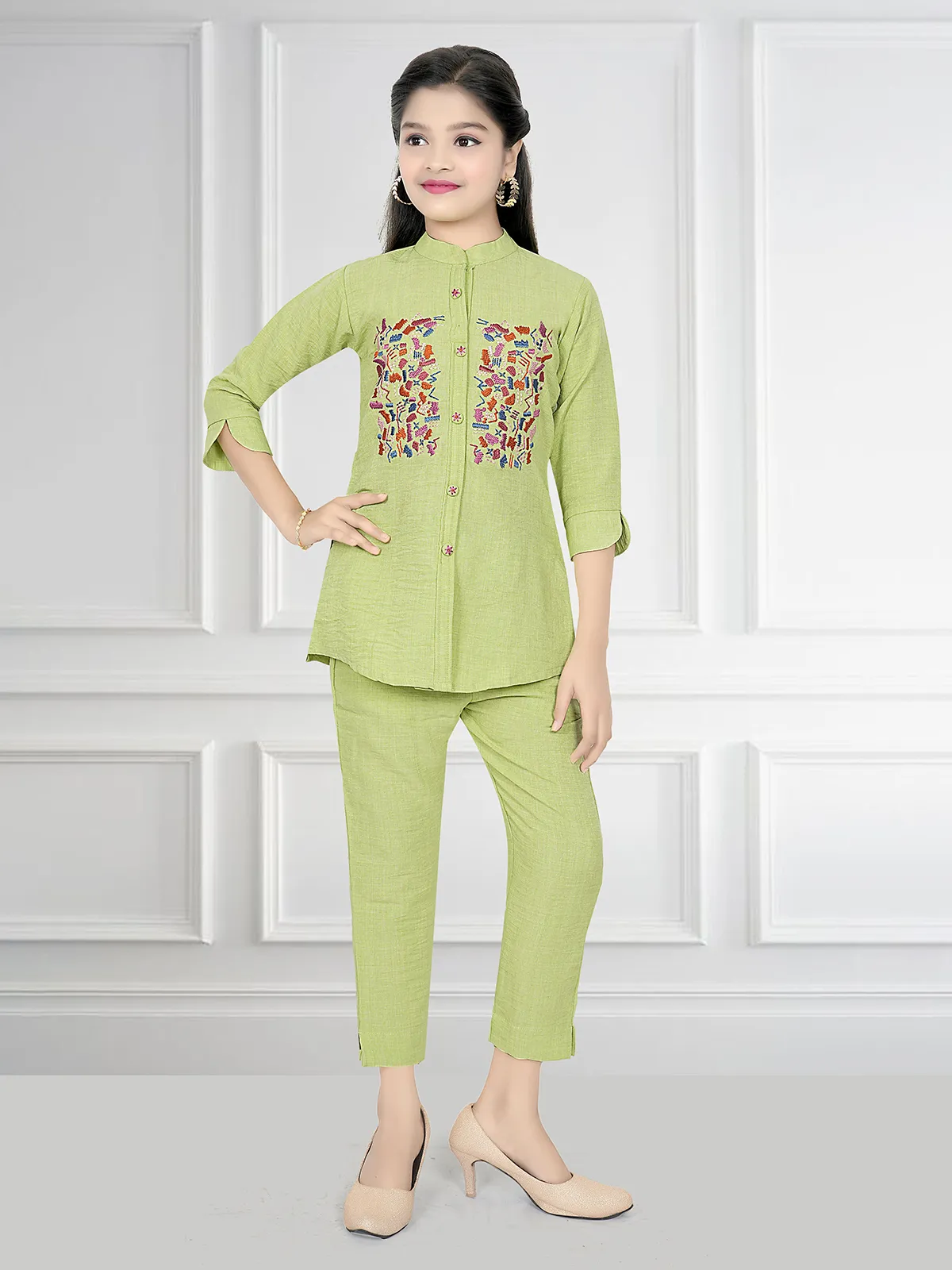 Green cotton embroidery co-ord set