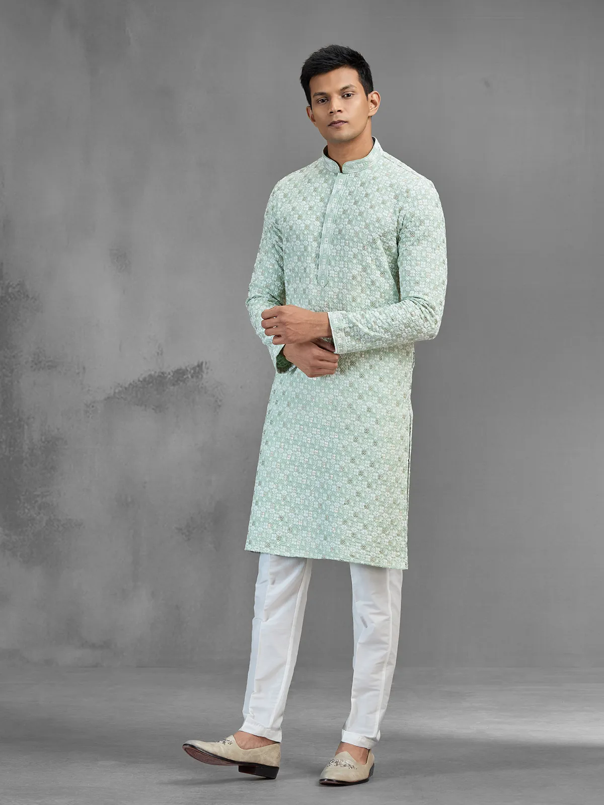 Green cotton festive men kurta suit chikankari design