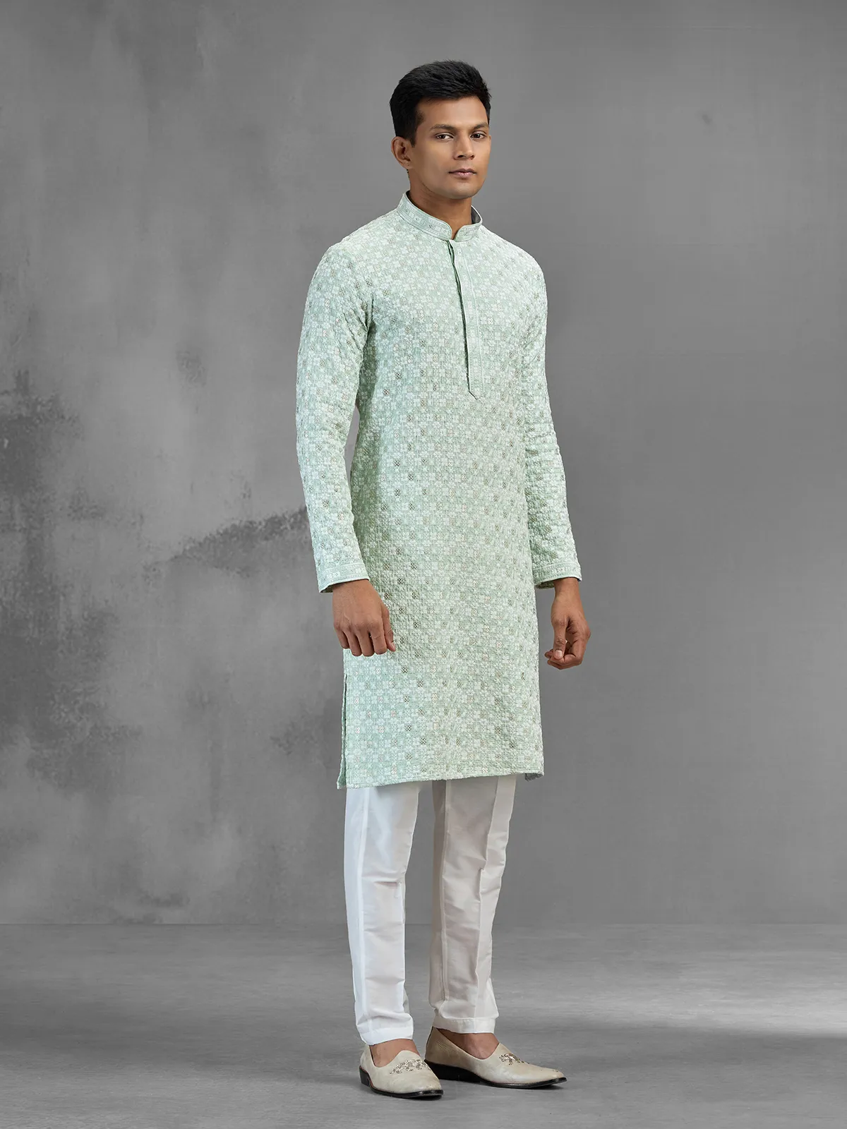 Green cotton festive men kurta suit chikankari design