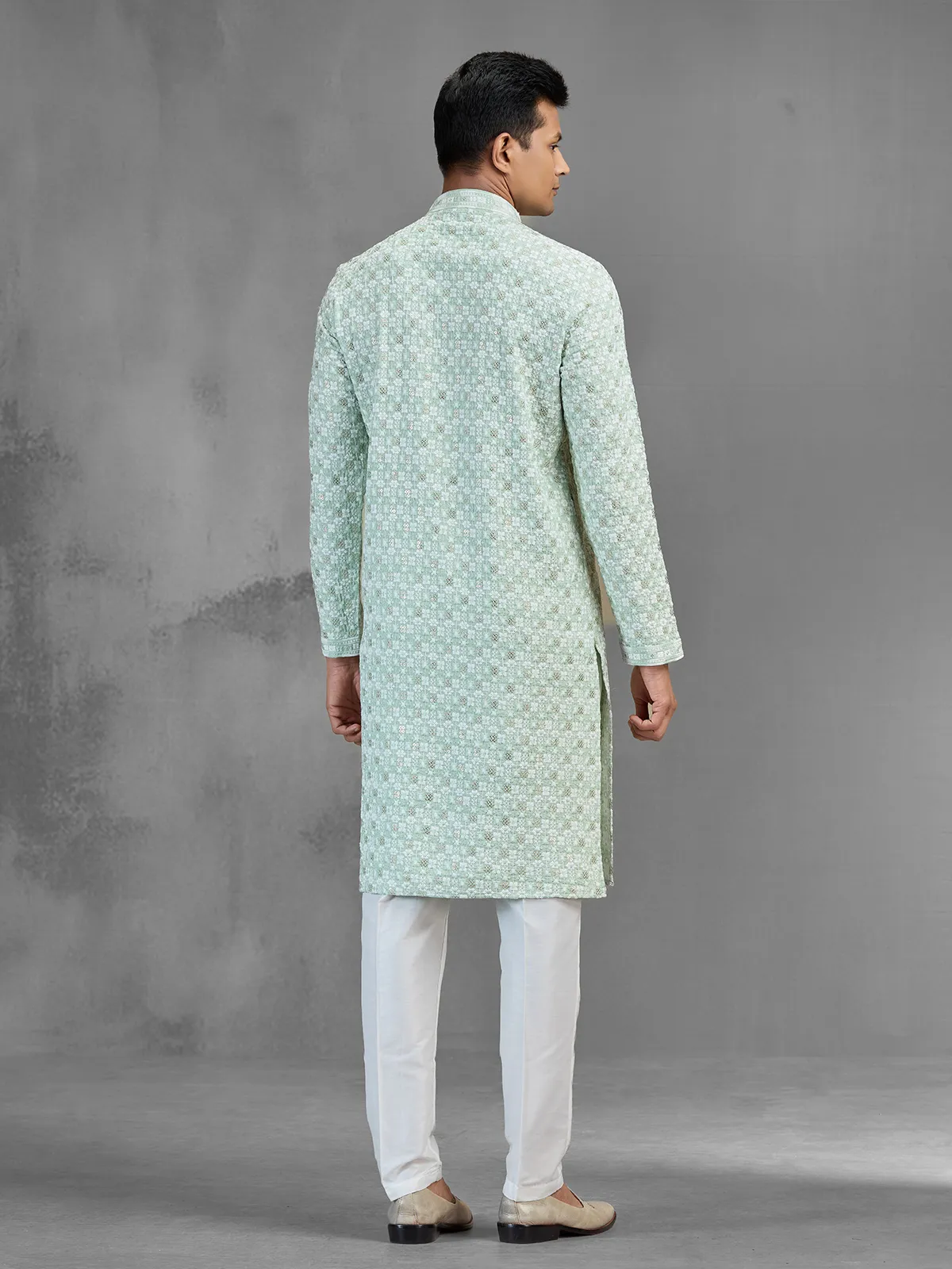 Green cotton festive men kurta suit chikankari design