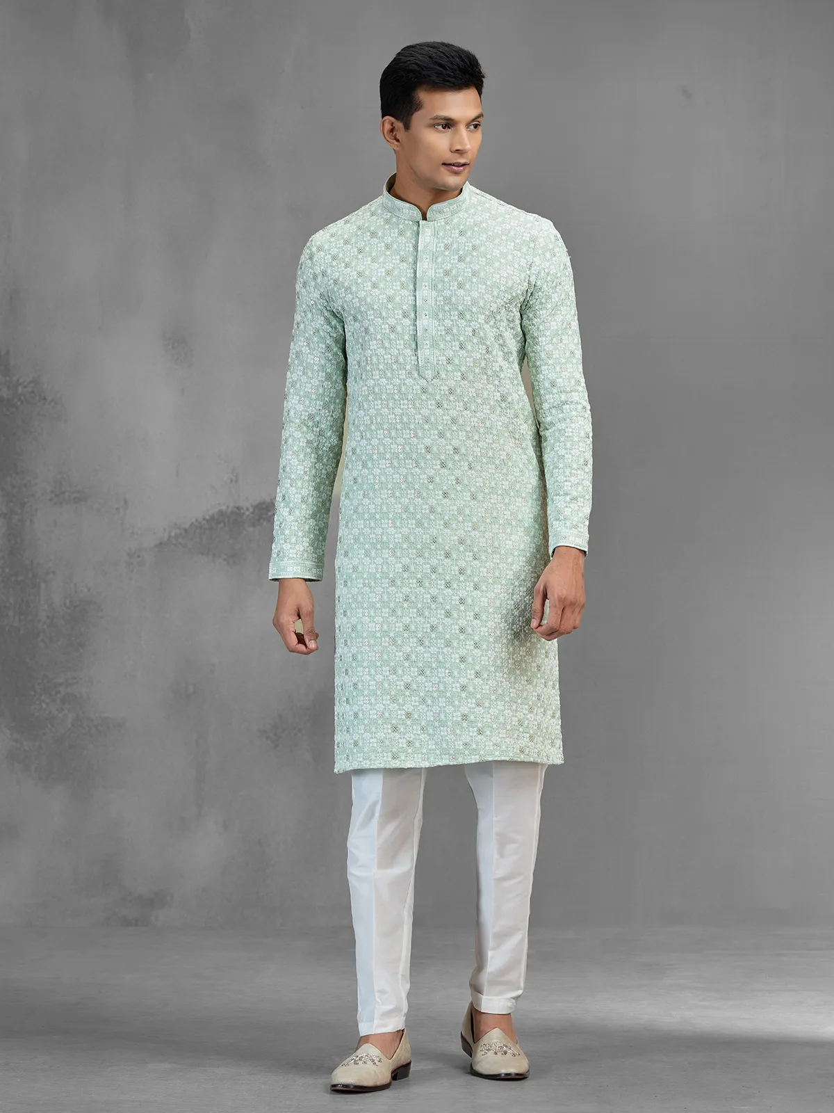 Green cotton festive men kurta suit chikankari design