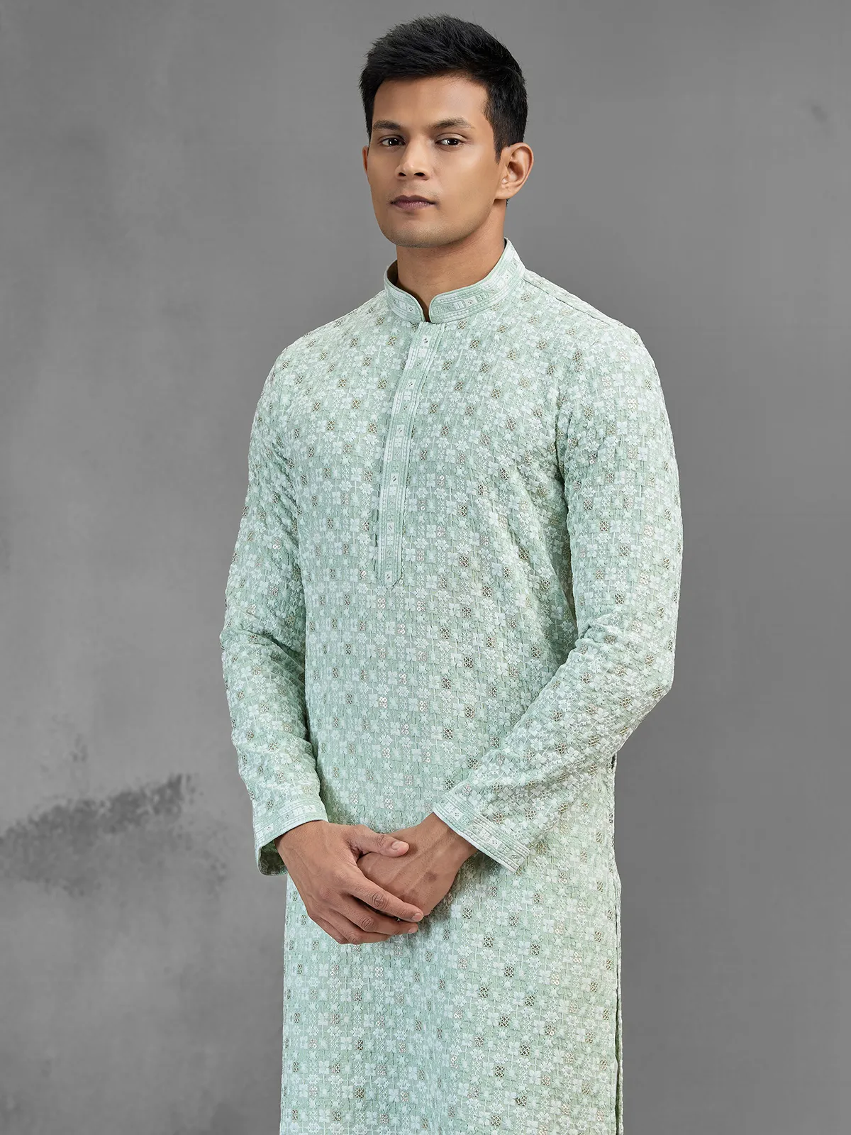 Green cotton festive men kurta suit chikankari design