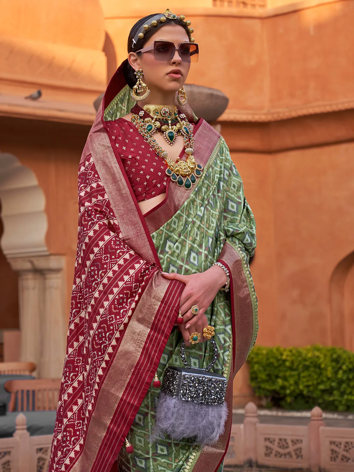 Green cotton silk saree with contrast border