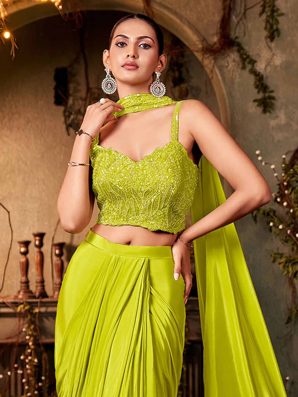 Green crepe silk indowestern suit for wedding occasions