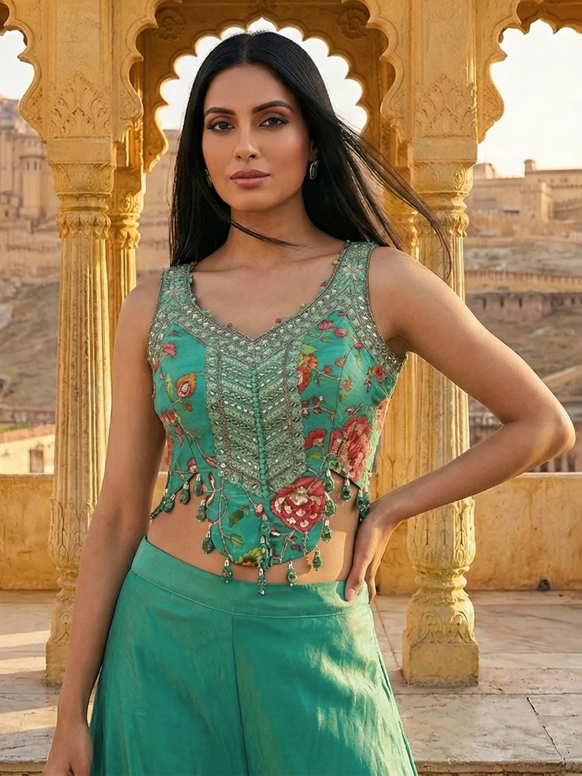 Green crepe silk mirror and aabla designer palazzo suit