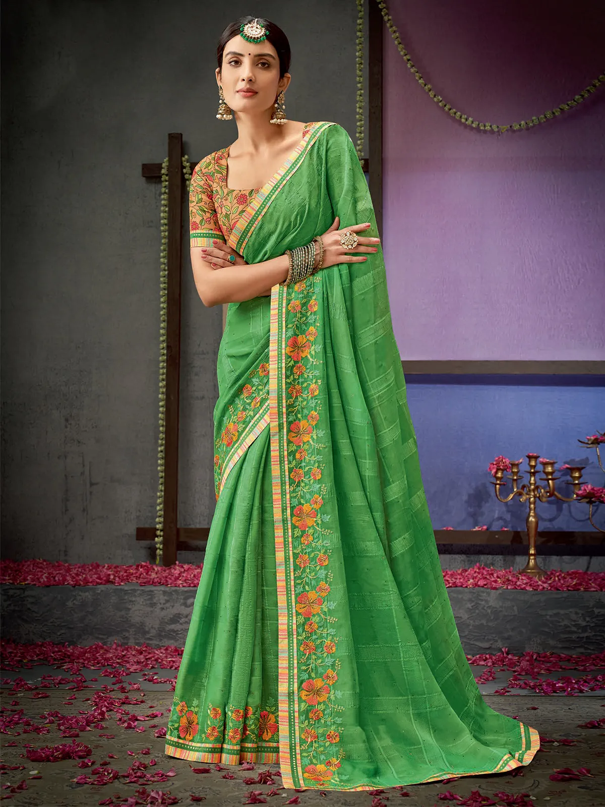Green floral embroidery saree