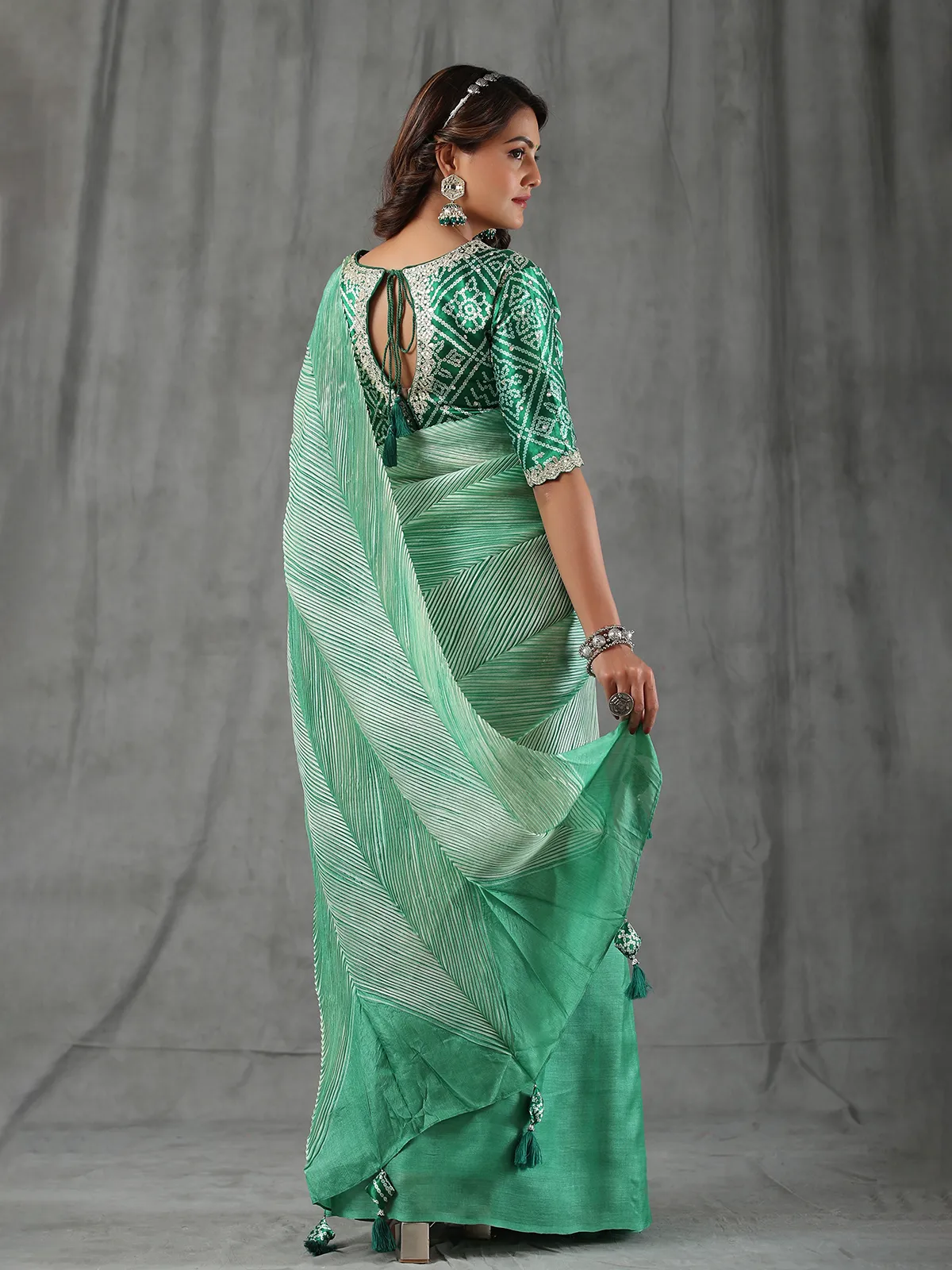 Green half n half saree in tussar silk