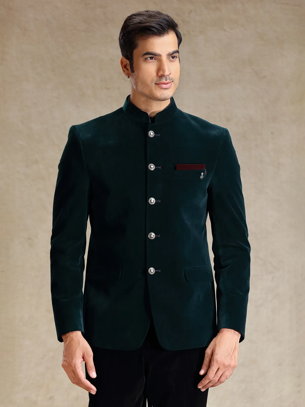 Green Jodhpuri Bandh Gala Set In Velvet