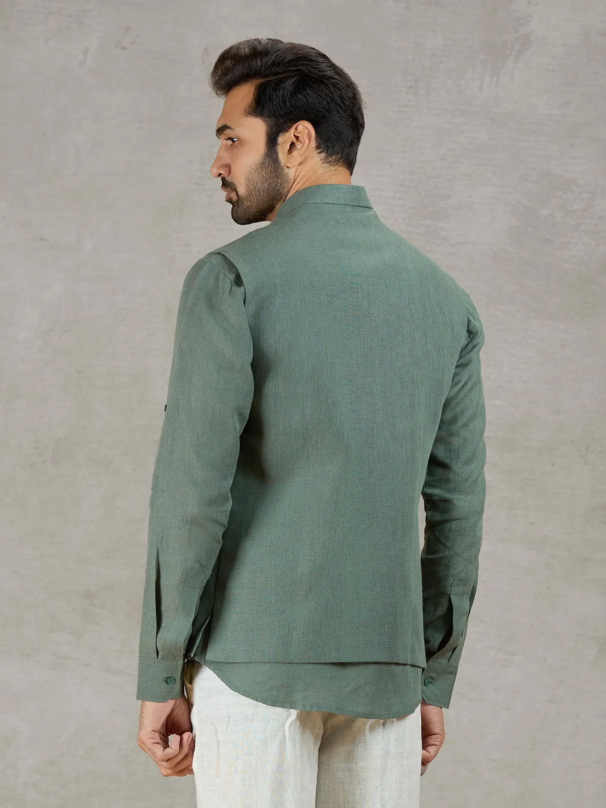 Green linen waistcoat with shirt for festive occasions
