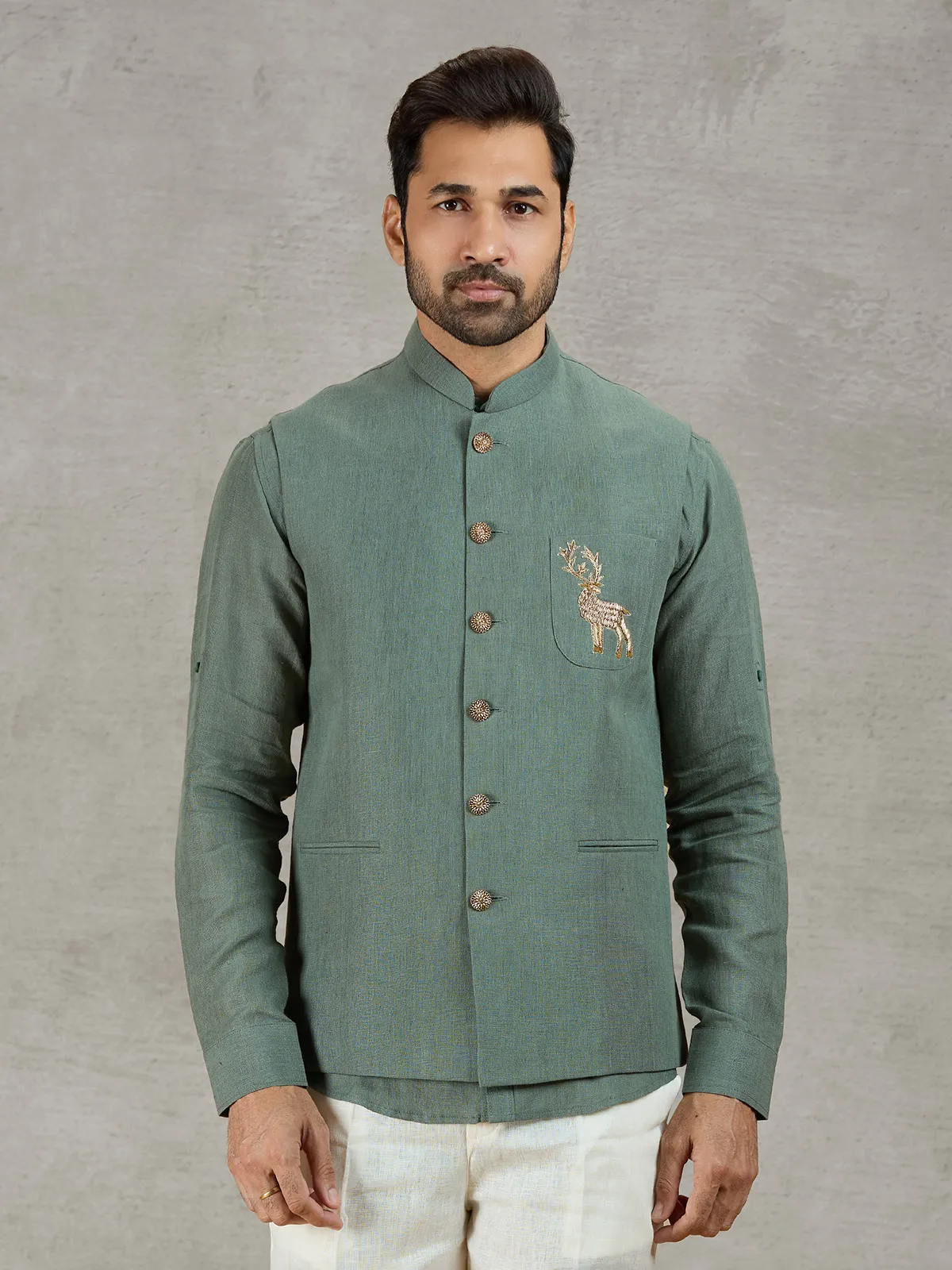 Green linen waistcoat with shirt for festive occasions