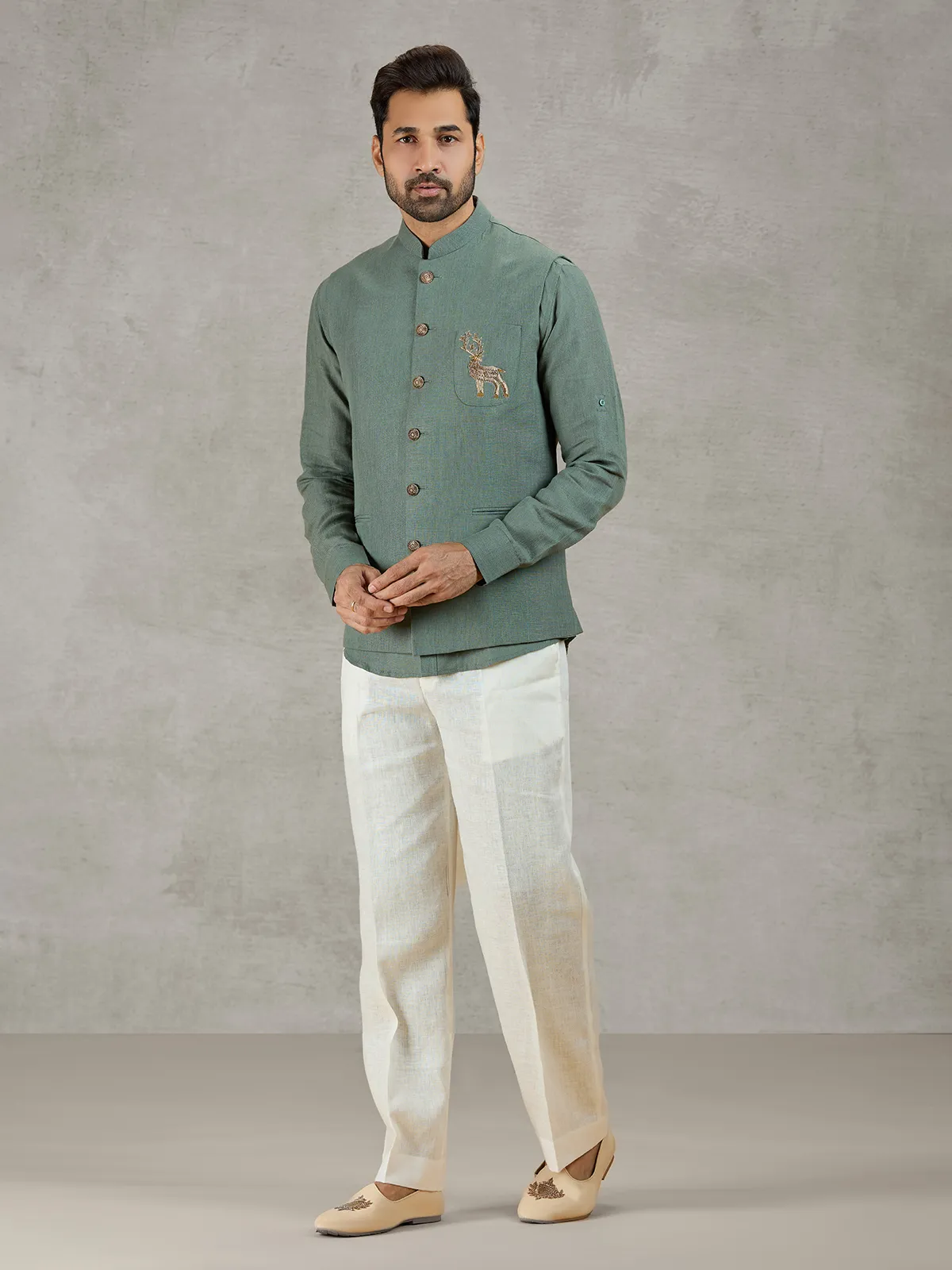 Green linen waistcoat with shirt for festive occasions