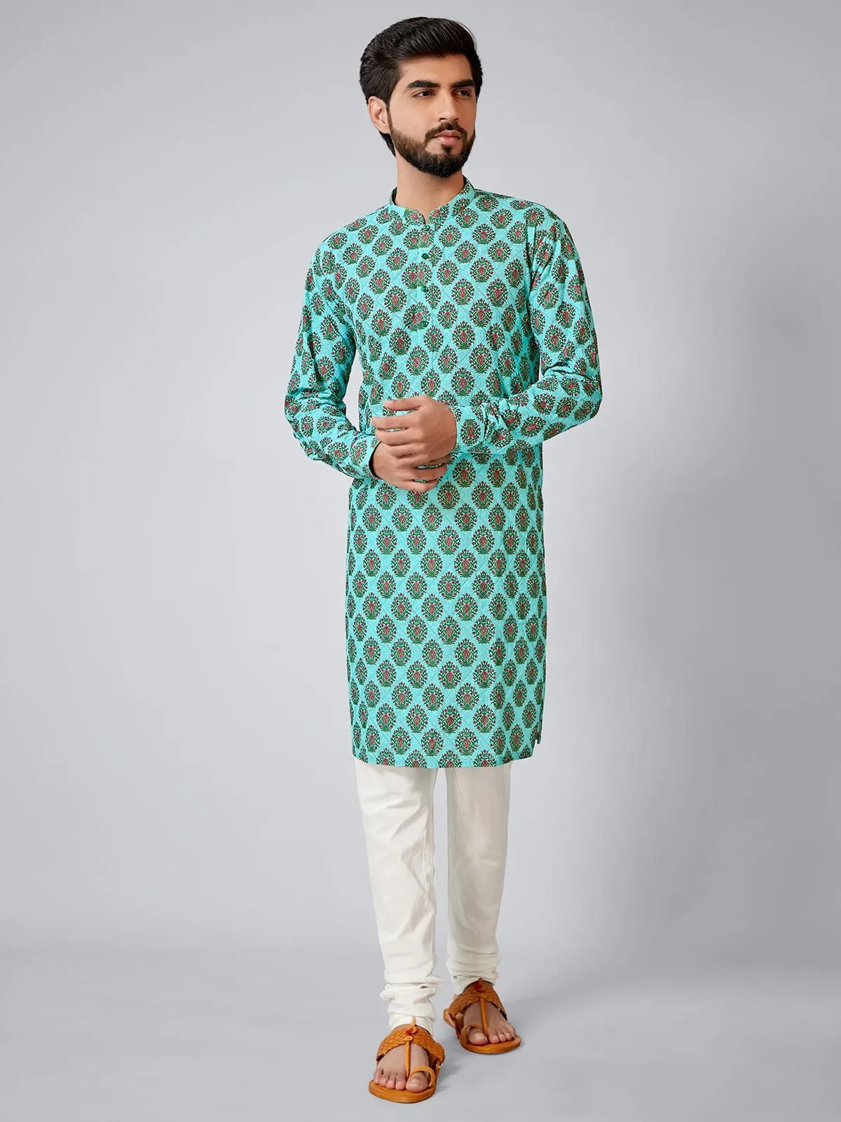 Aqua printed cotton silk kurta set