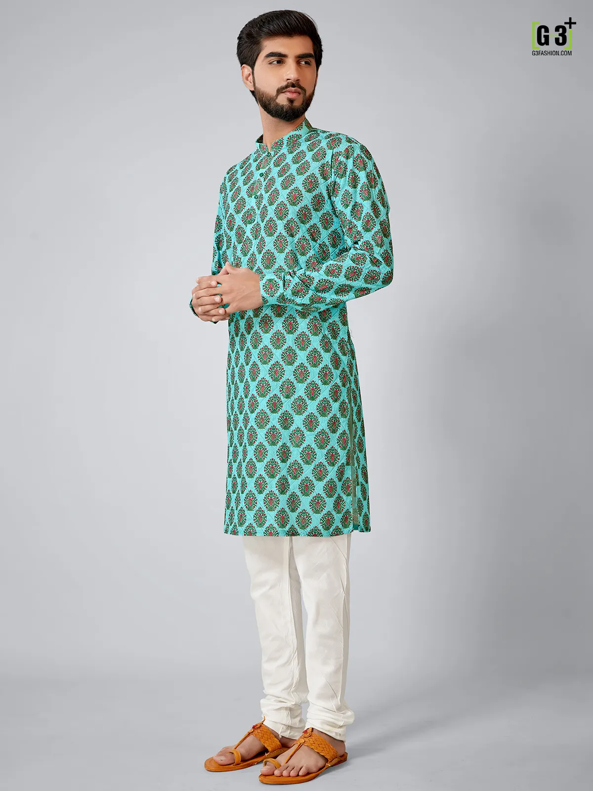 Aqua printed cotton silk kurta set