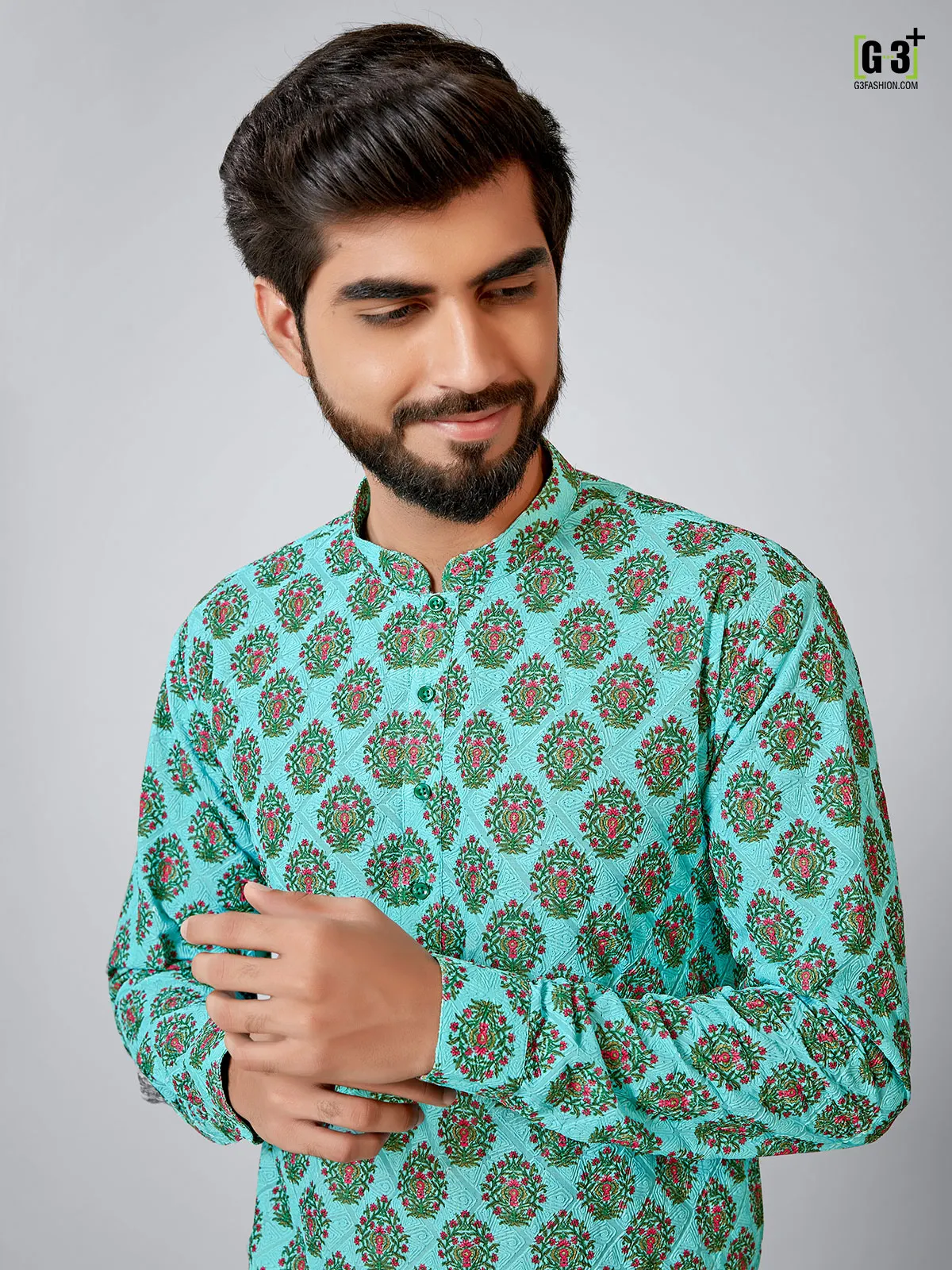 Aqua printed cotton silk kurta set