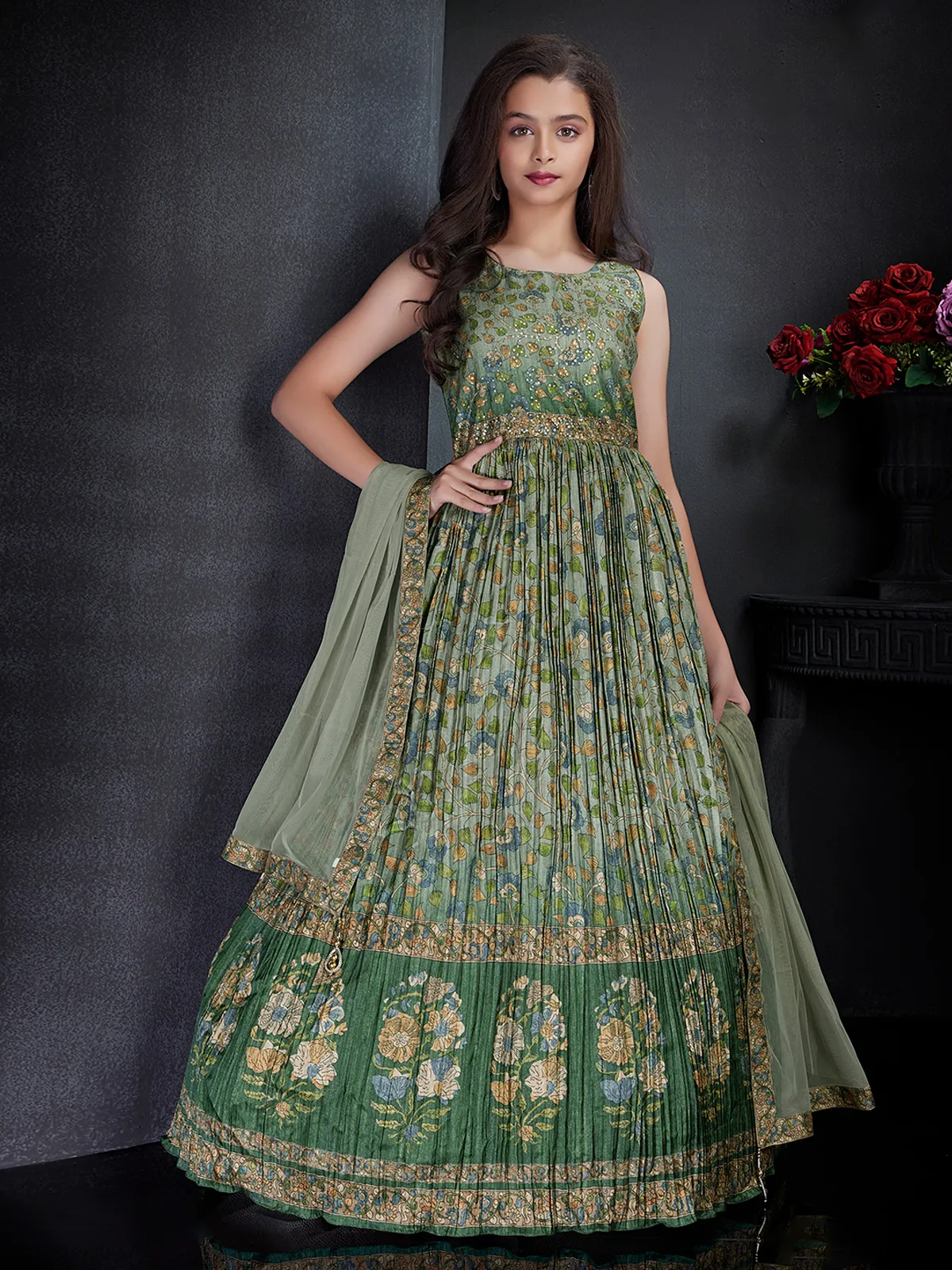 Green printed silk anarkali suit with dupatta