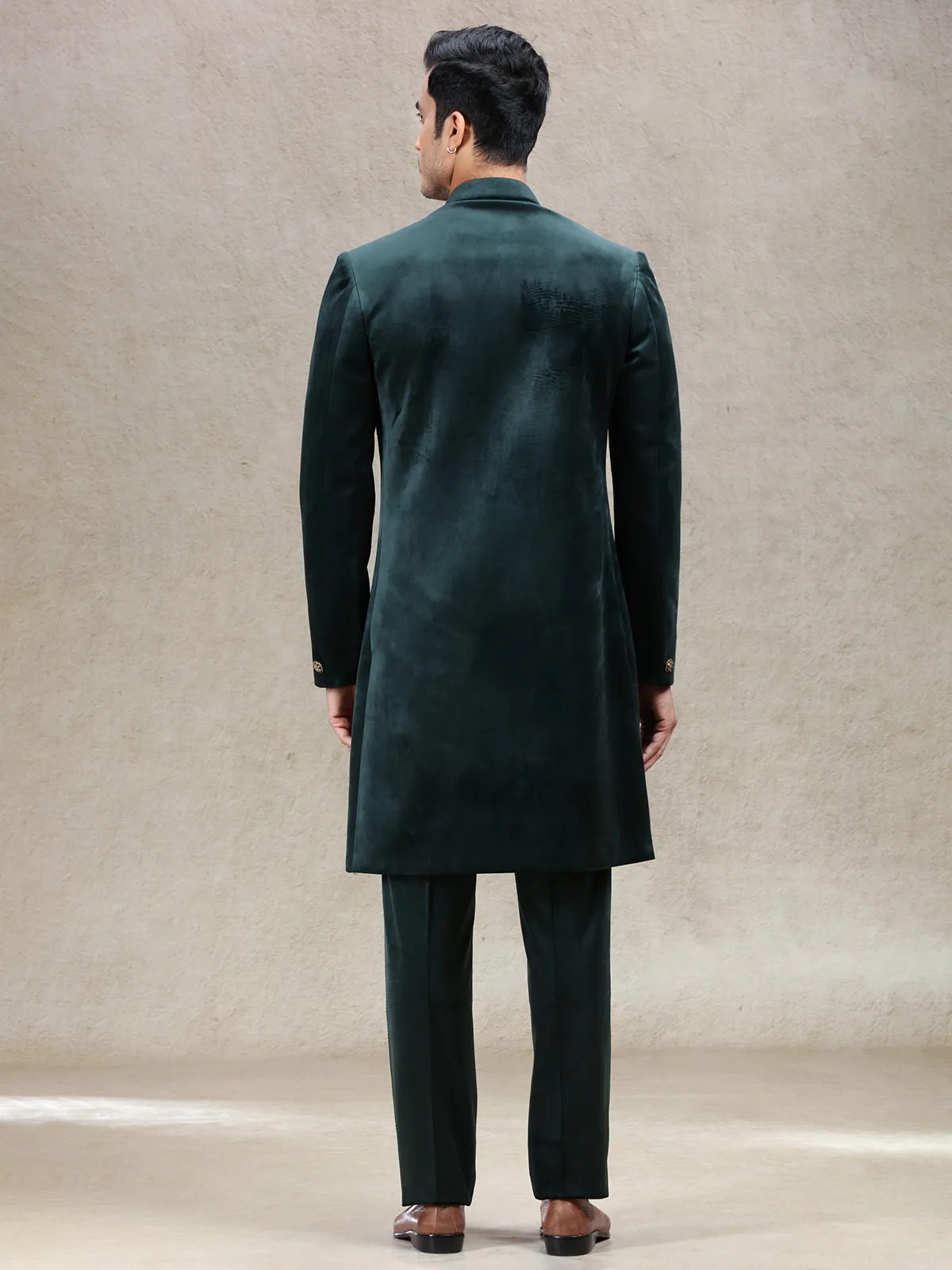 Green royal charming velvet sherwani with elephant patch