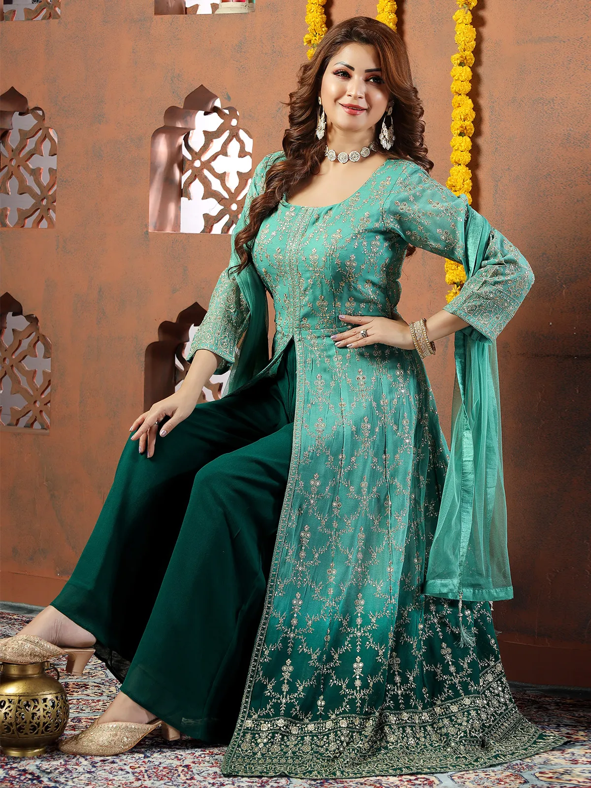 Green shaded georgette palazzo suit with dupatta