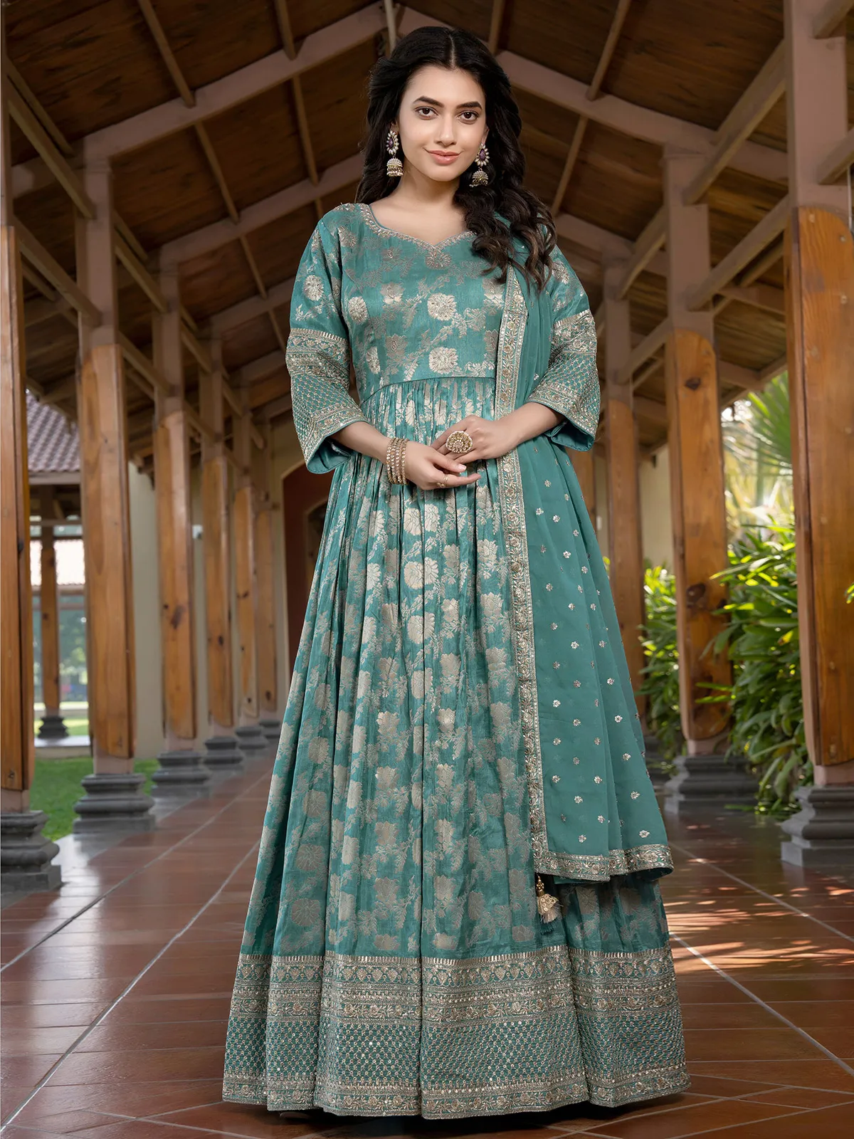 Green shaded silk anarkali suit