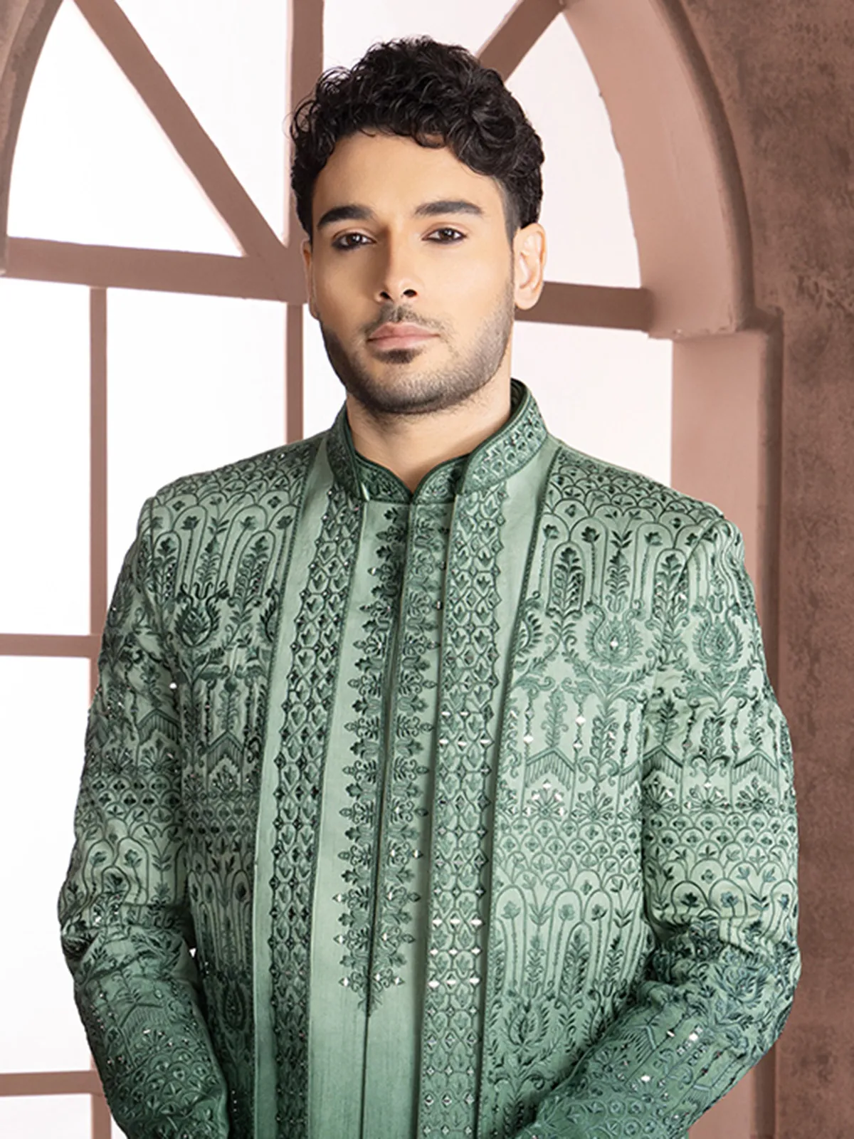 Green shaded silk indowestern