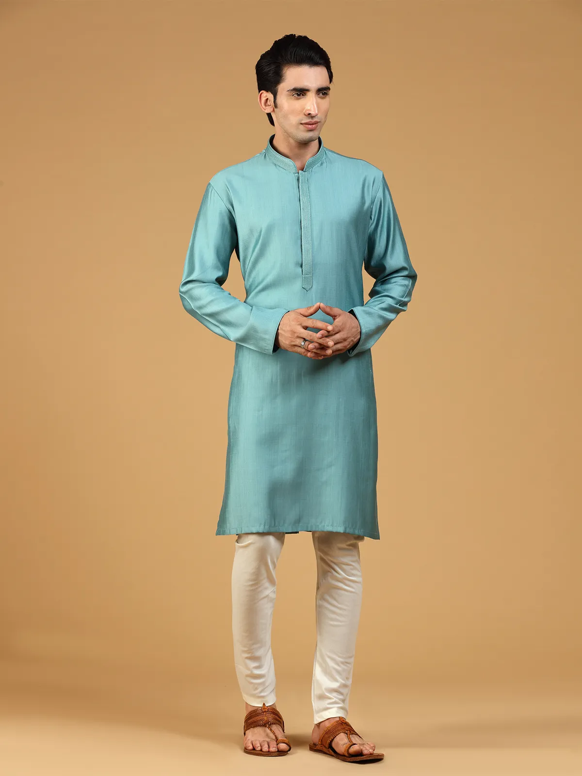 Green shaded silk plain rich kurta suit