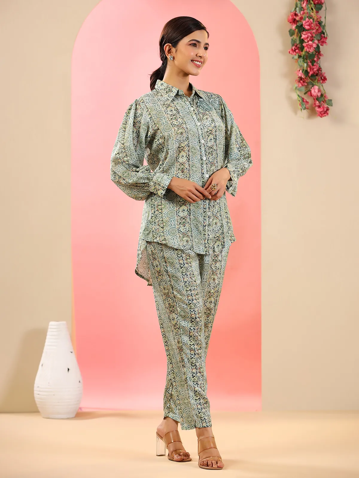 Green shaded silk printed co ord set