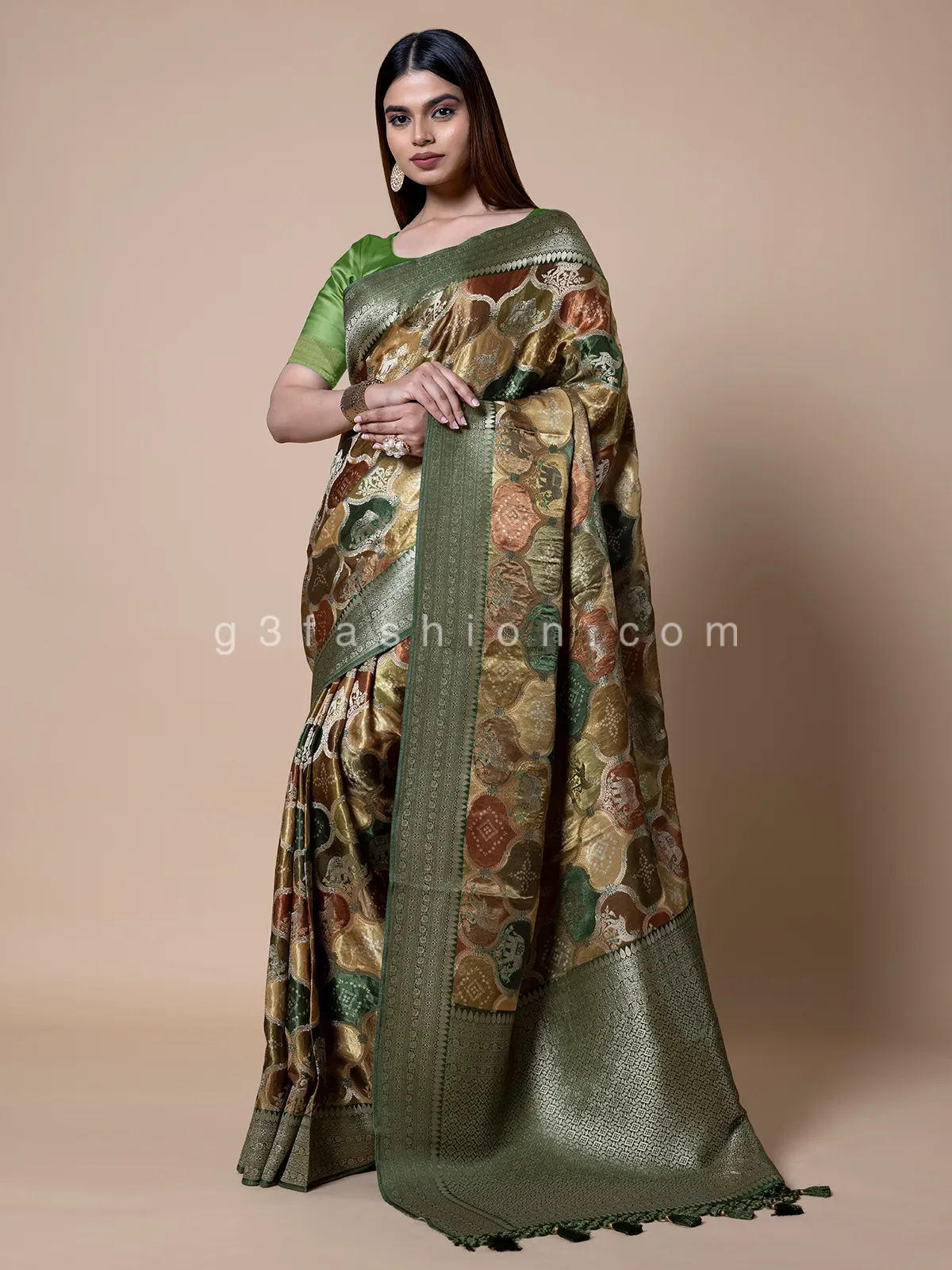 Green shaded dola silk zari weaving saree