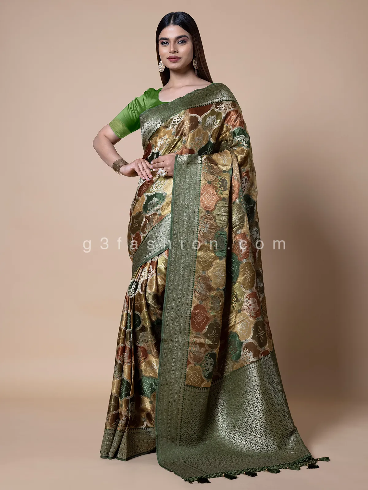 Green shaded dola silk zari weaving saree