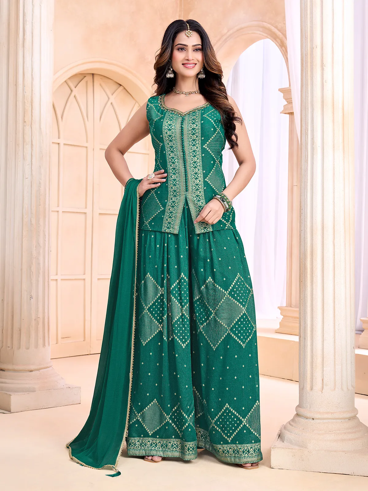 Green silk georgette palazzo suit with zardosi work-G3-WSS45756 |...