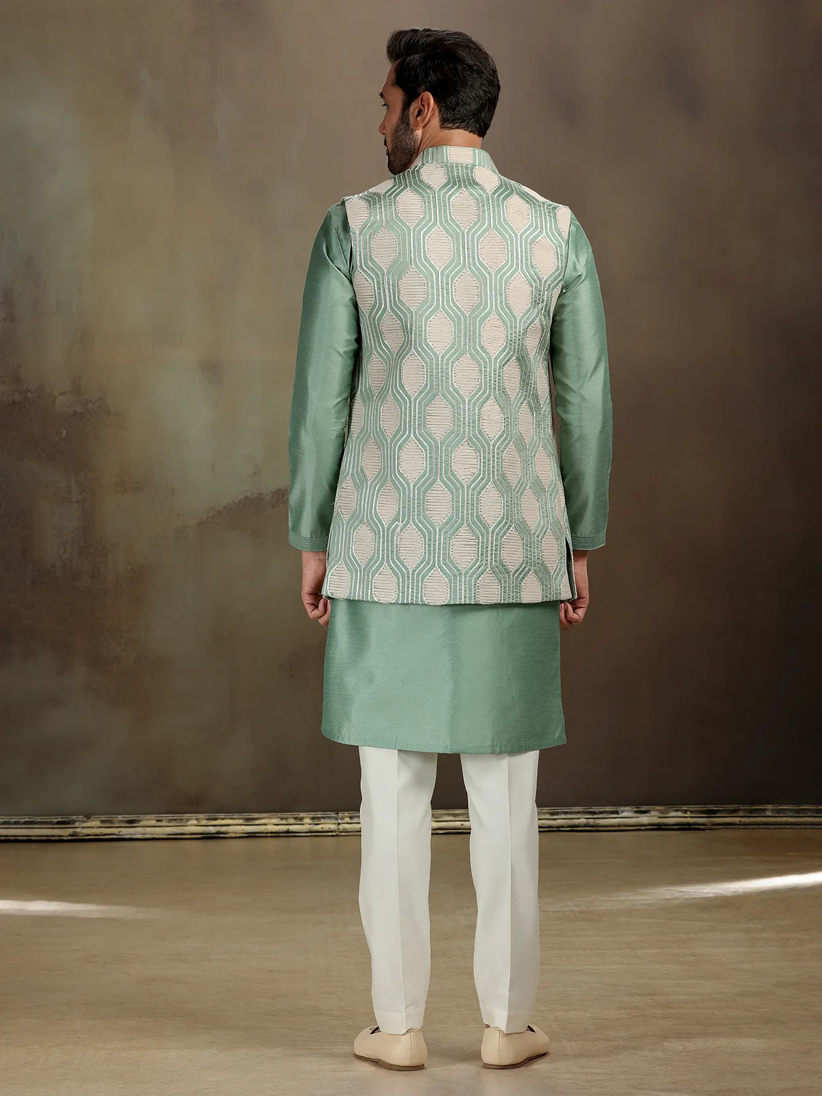 Green silk gota embroidered waistcoat set