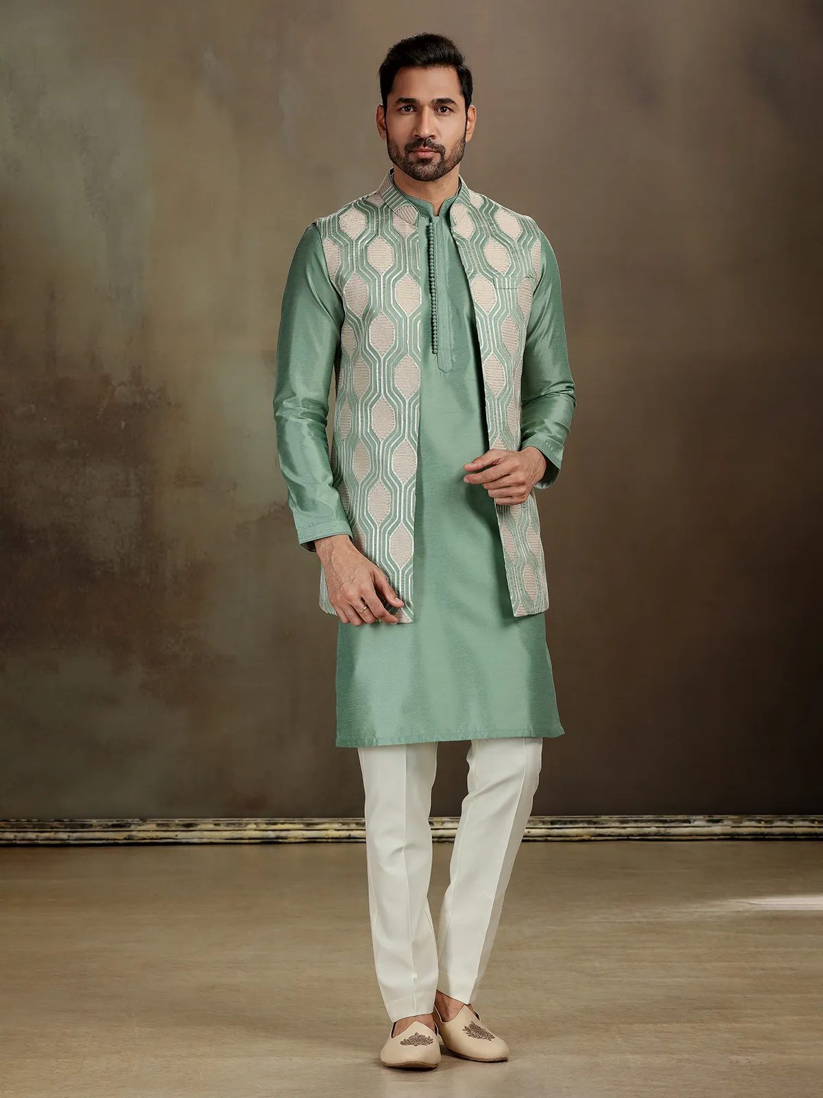 Green silk gota embroidered waistcoat set