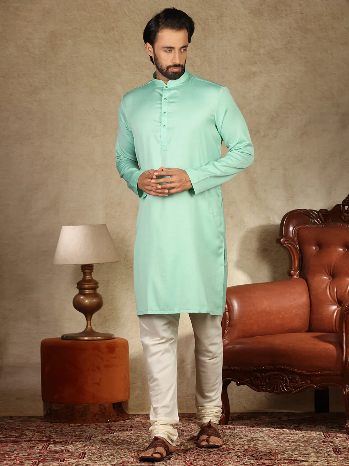 Green solid cotton fabric mens  Kurta pajama