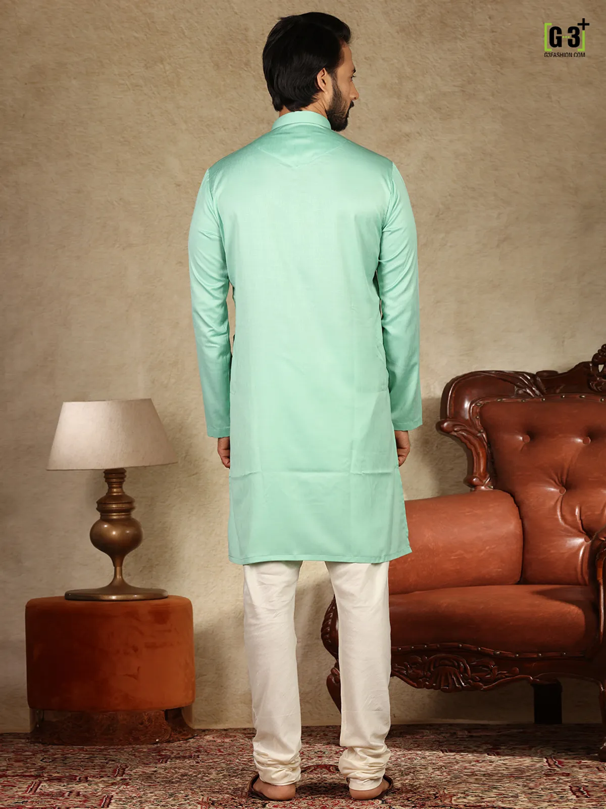 Green solid cotton fabric mens kurta suit