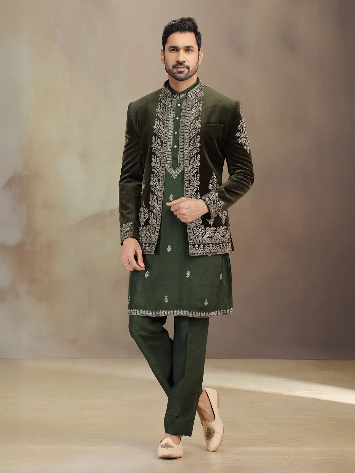 green indo western dress men Green Wedding Wear Velvet Indowestern For Men
