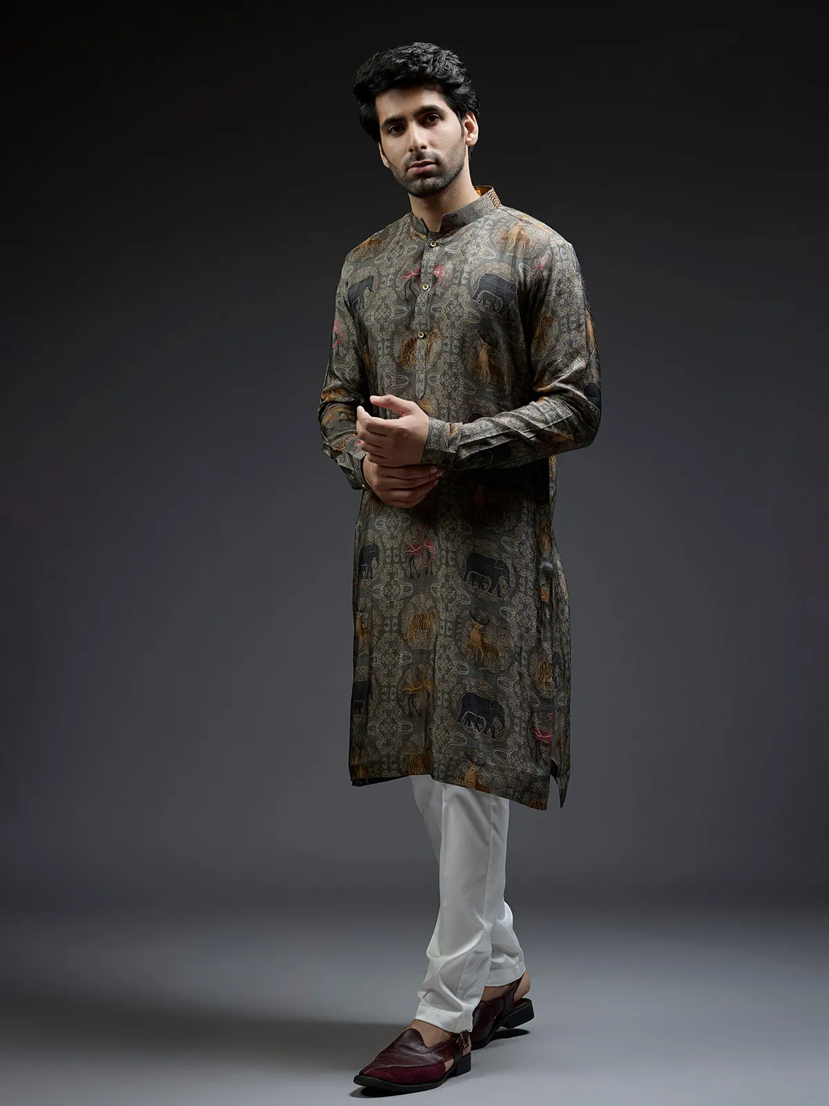 Grey ajarakh printed silk kurta suit for men