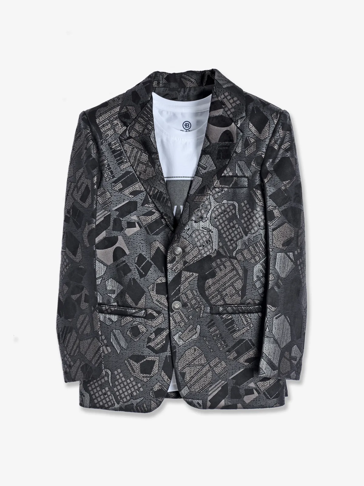 Grey and black printed terry rayon blazer