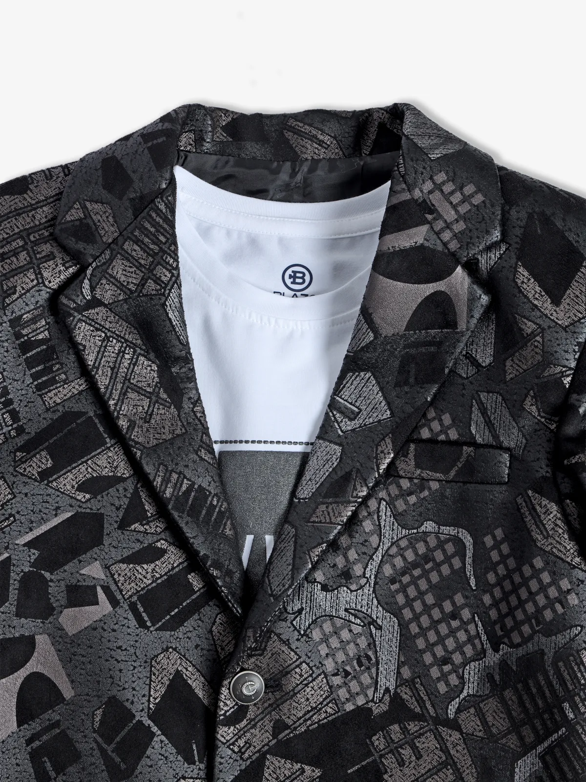 Grey and black printed terry rayon blazer