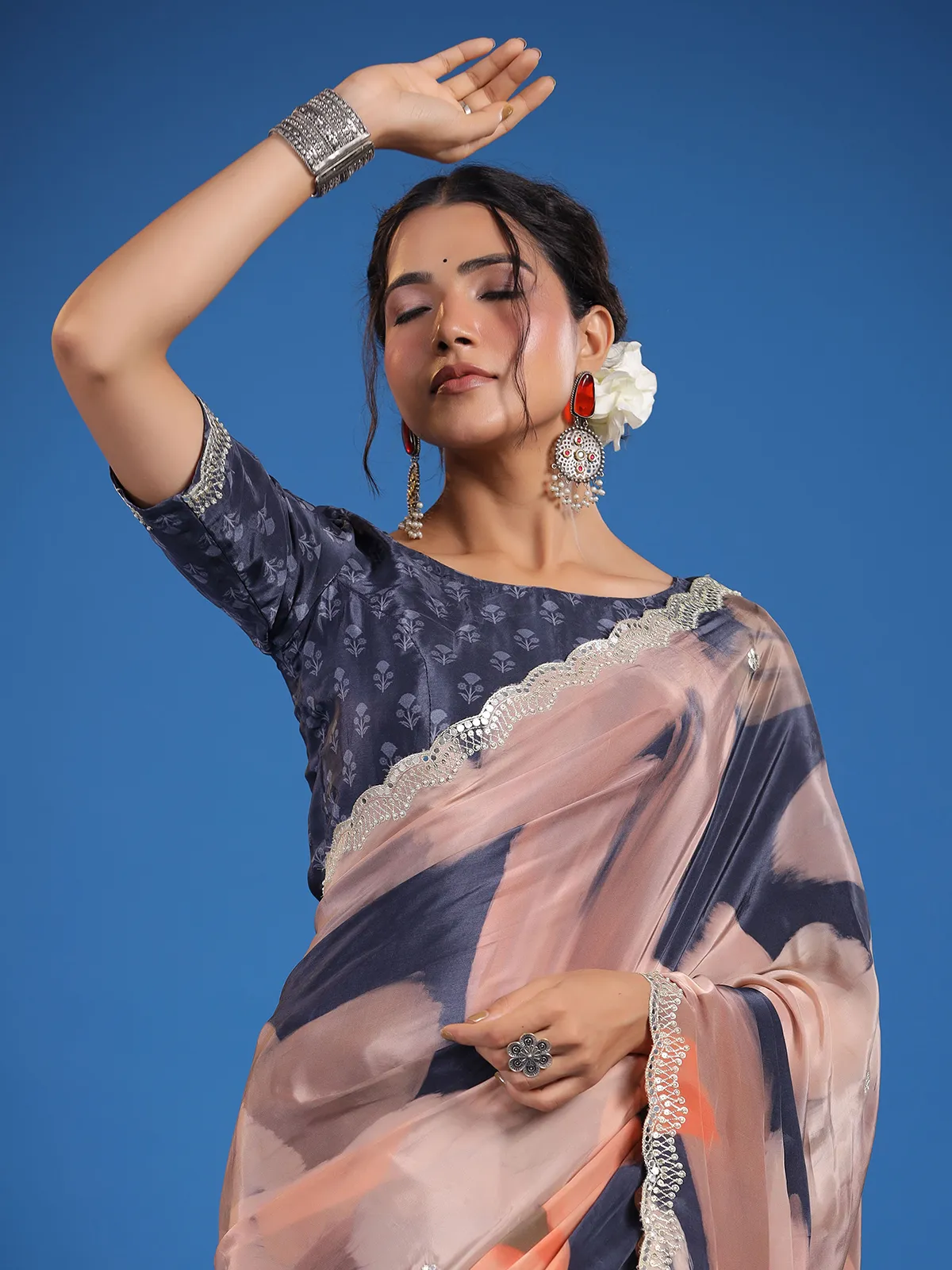 Grey and peach printed muslin silk saree