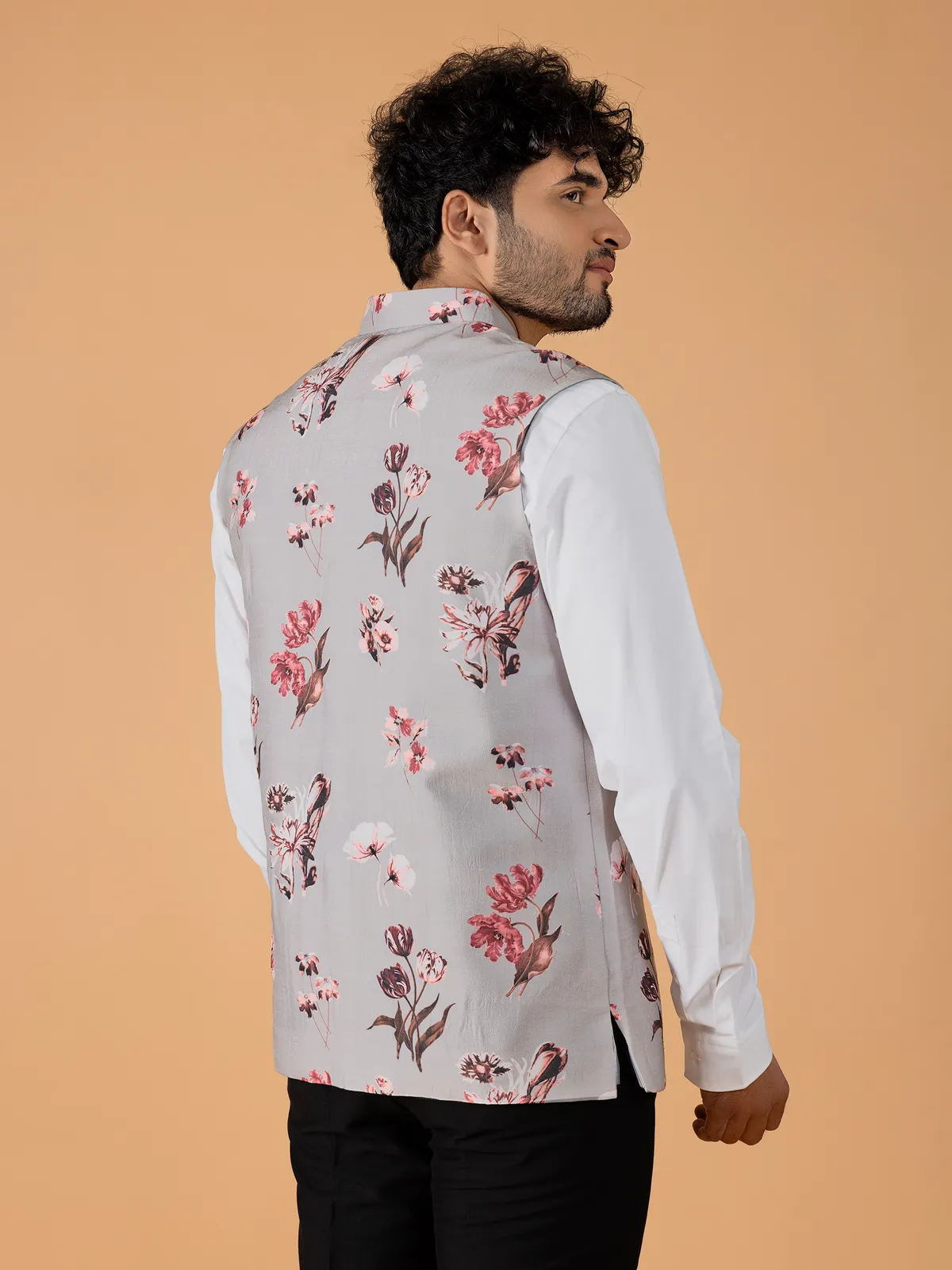Grey and pink floral printed waistcoat