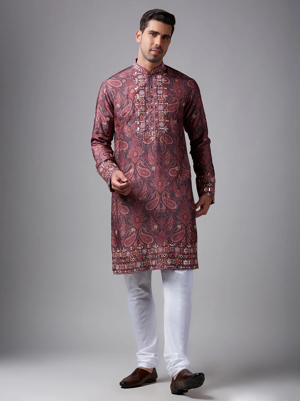 Grey and pink paisley printed kurta suit