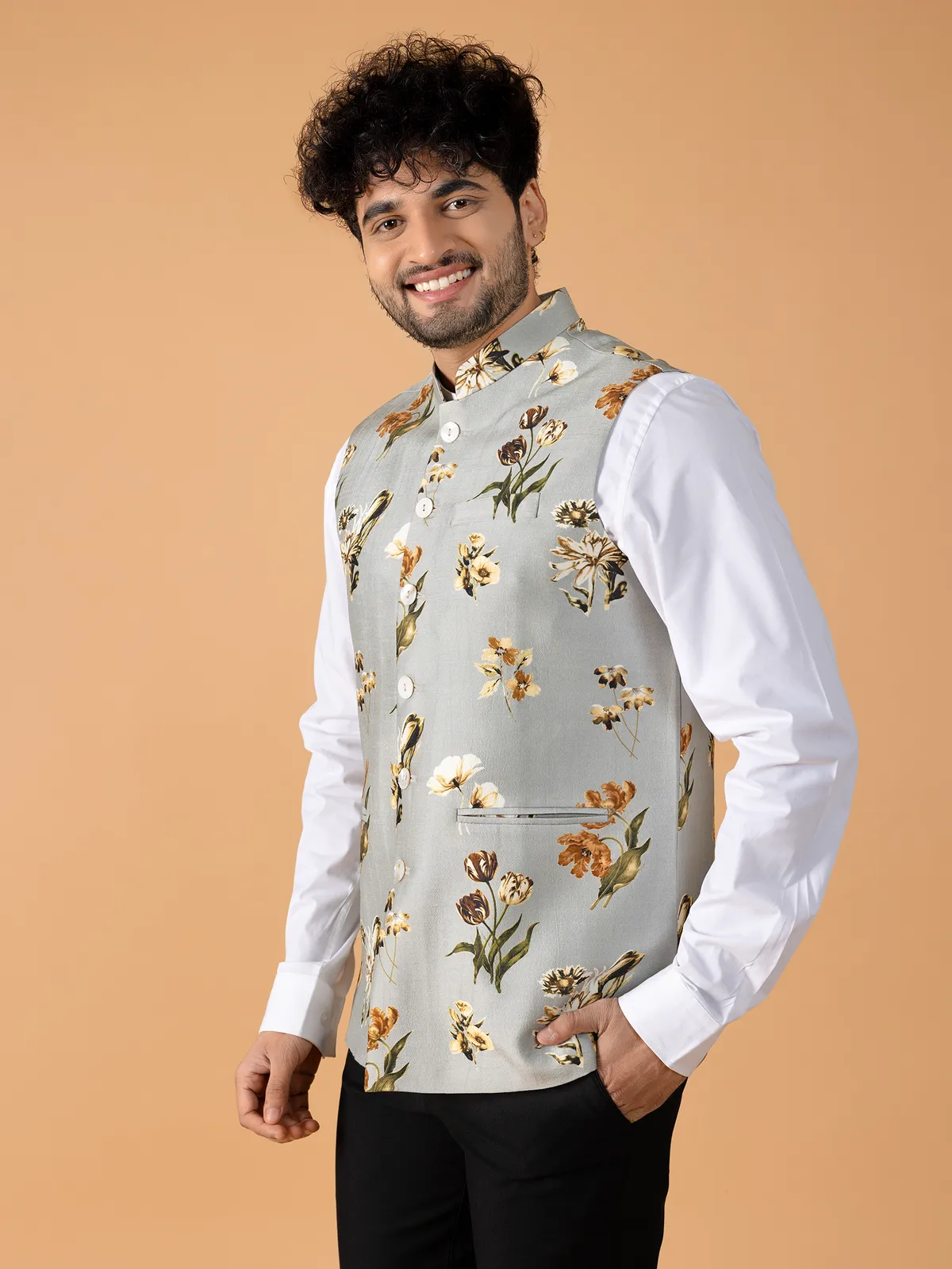 Grey and yellow floral printed waistcoat