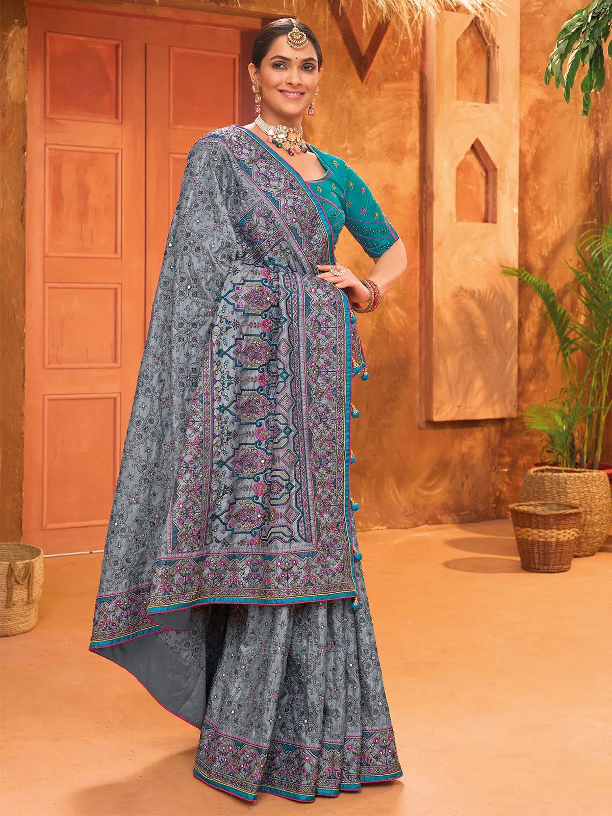 Grey banarasi silk saree with kachhi work