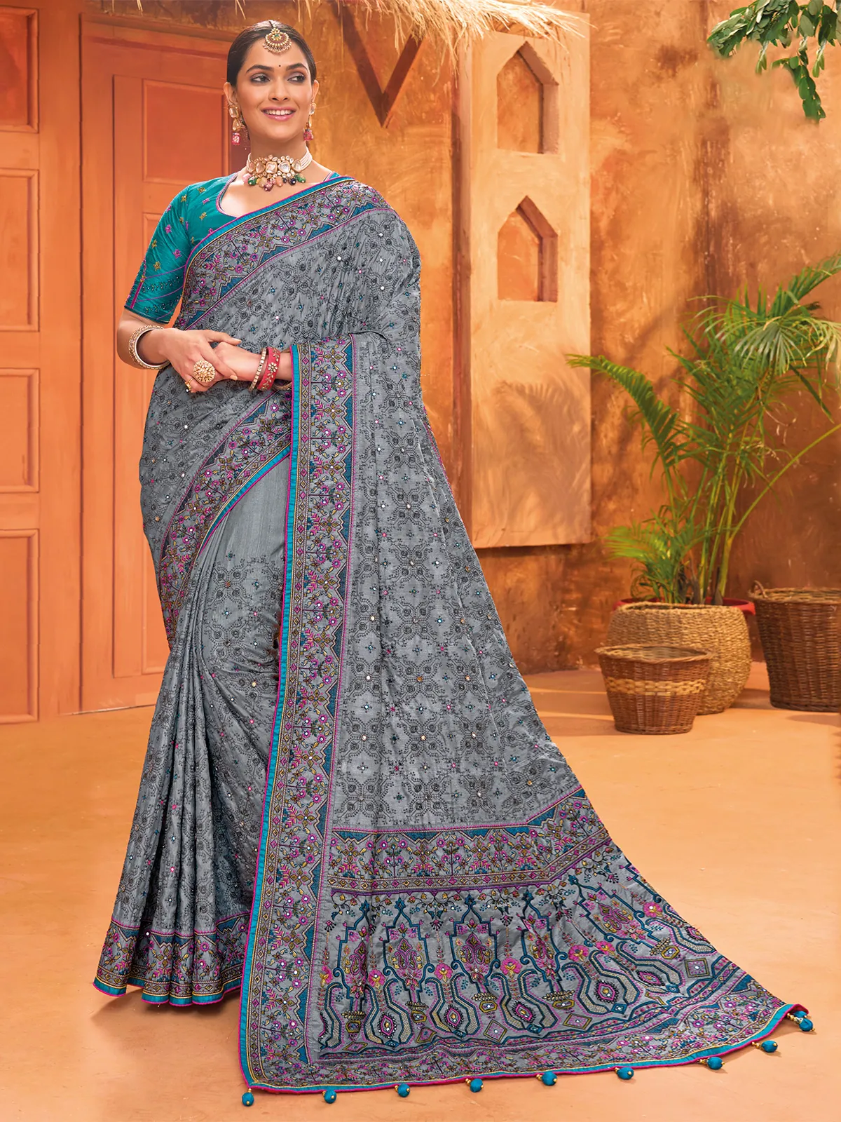 Grey banarasi silk saree with kachhi work