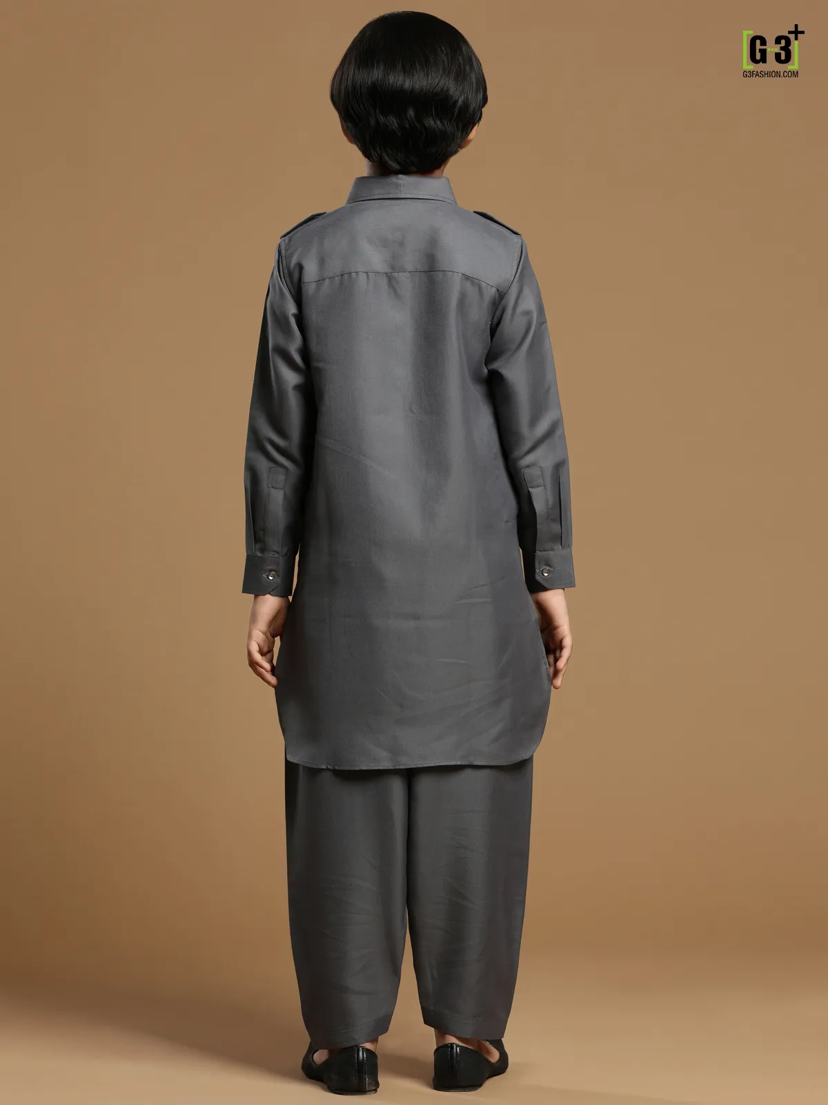 Grey boys festive events cotton silk plain pathani suit